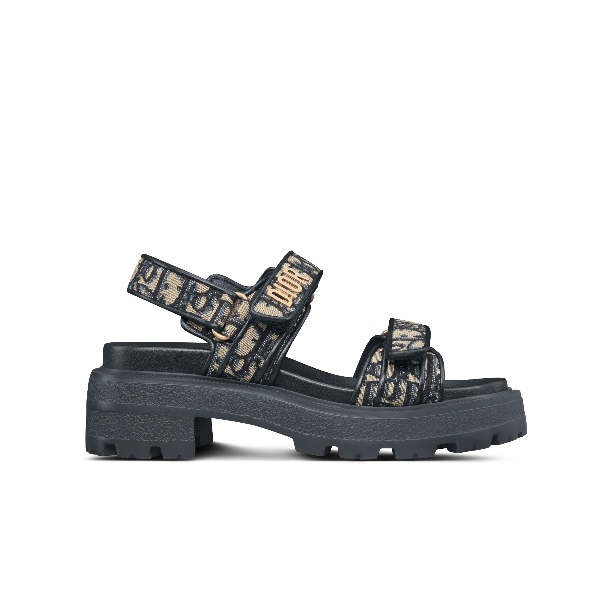 Dioract 厚底凉鞋 棉质刺绣面料深蓝色 Oblique 印花 E02