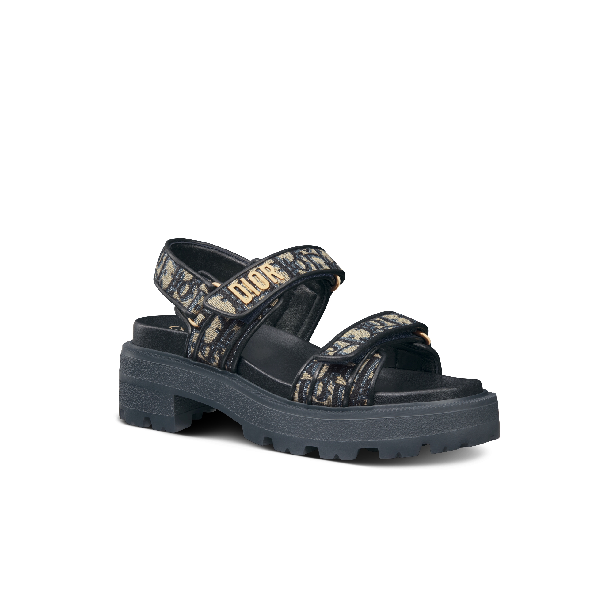 Dioract 厚底凉鞋 棉质刺绣面料深蓝色 Oblique 印花 E03