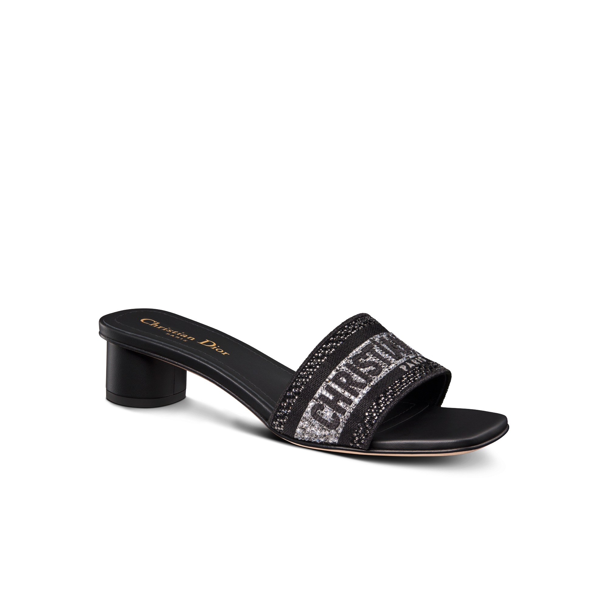 Dway 带跟凉拖 黑色棉质面料金属光泽线和银色调仿水晶刺绣 E03