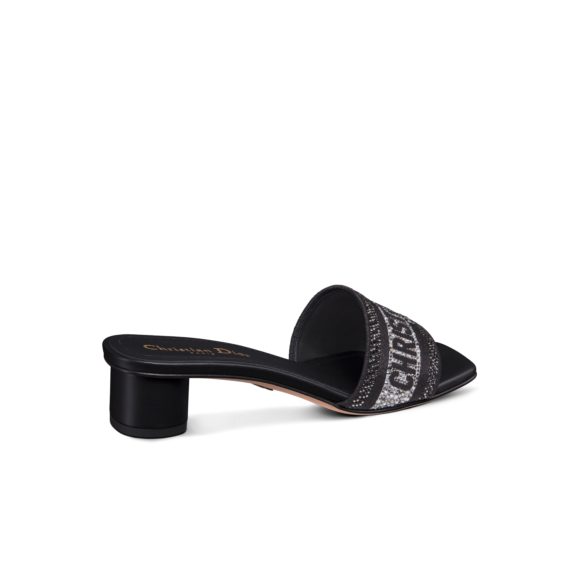 Dway 带跟凉拖 黑色棉质面料金属光泽线和银色调仿水晶刺绣 E05