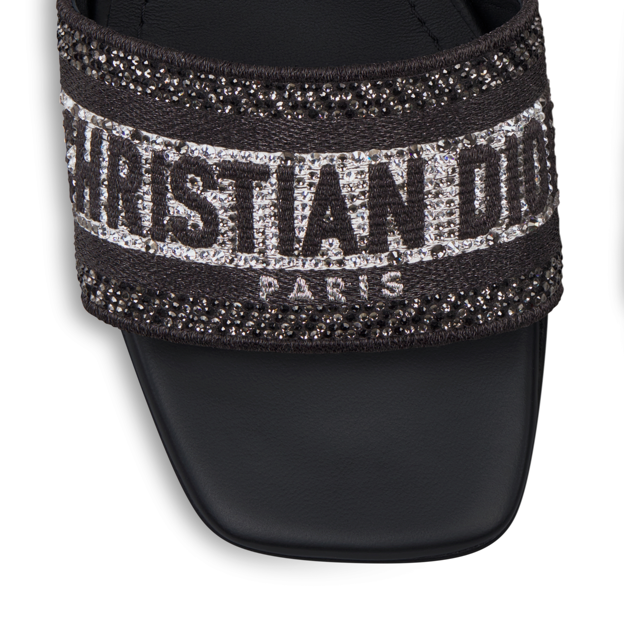 Dway 带跟凉拖 黑色棉质面料金属光泽线和银色调仿水晶刺绣 E09