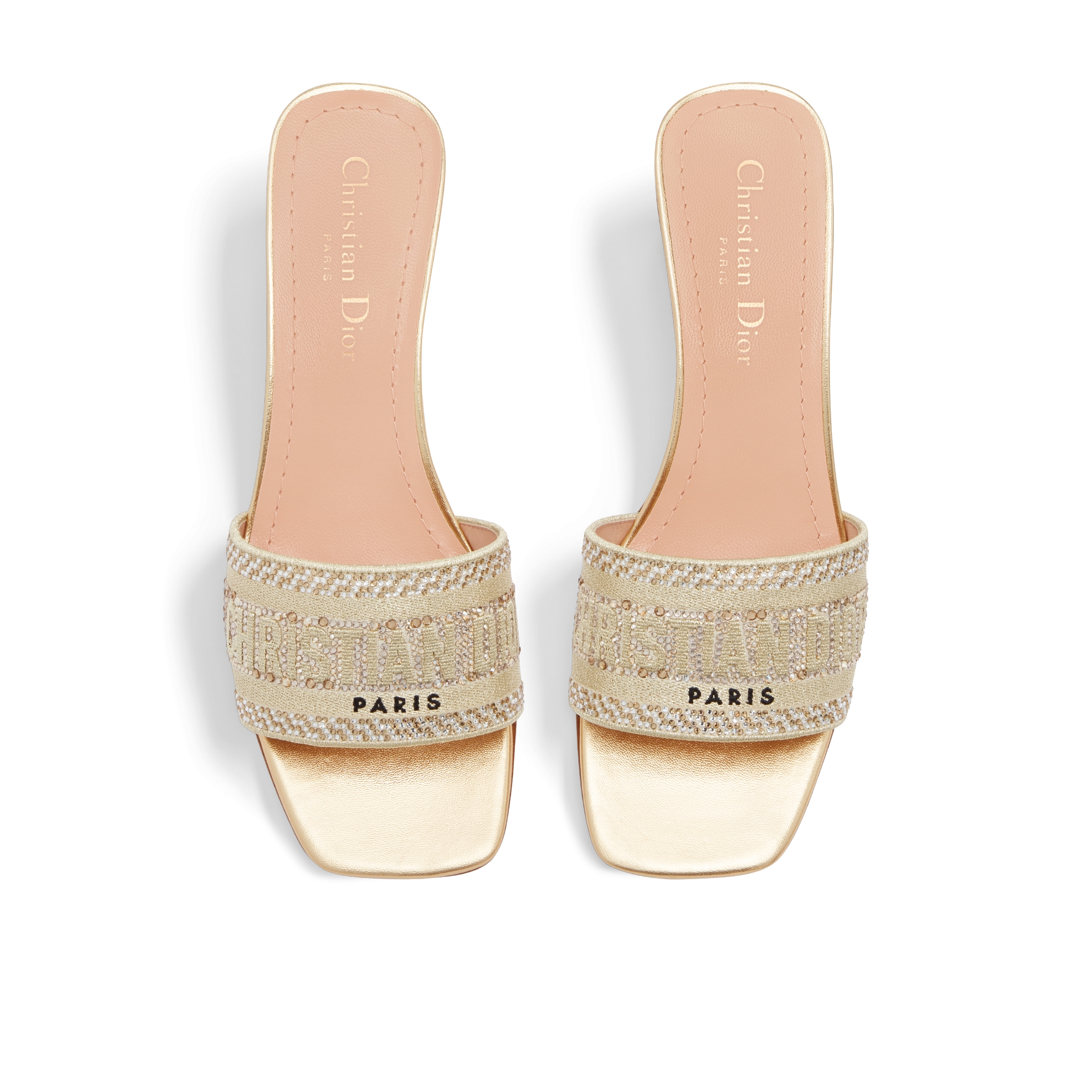 Dior Or Dway 带跟凉拖 棉质面料金属光泽线和金色调仿水晶刺绣 E06