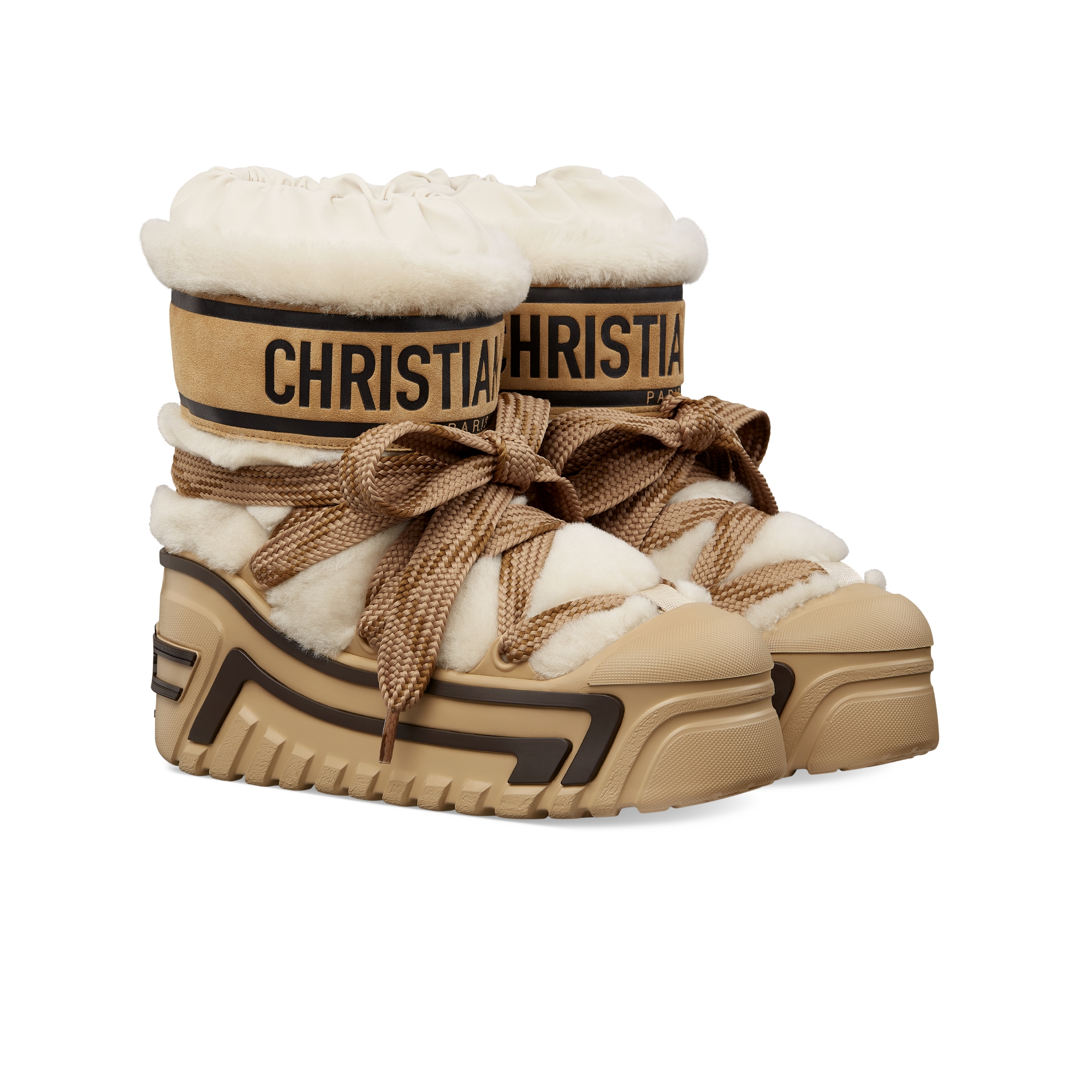 DiorAlps 及踝雪地靴 米白色羊皮革皮毛一体和驼色绒面羊皮革 E03