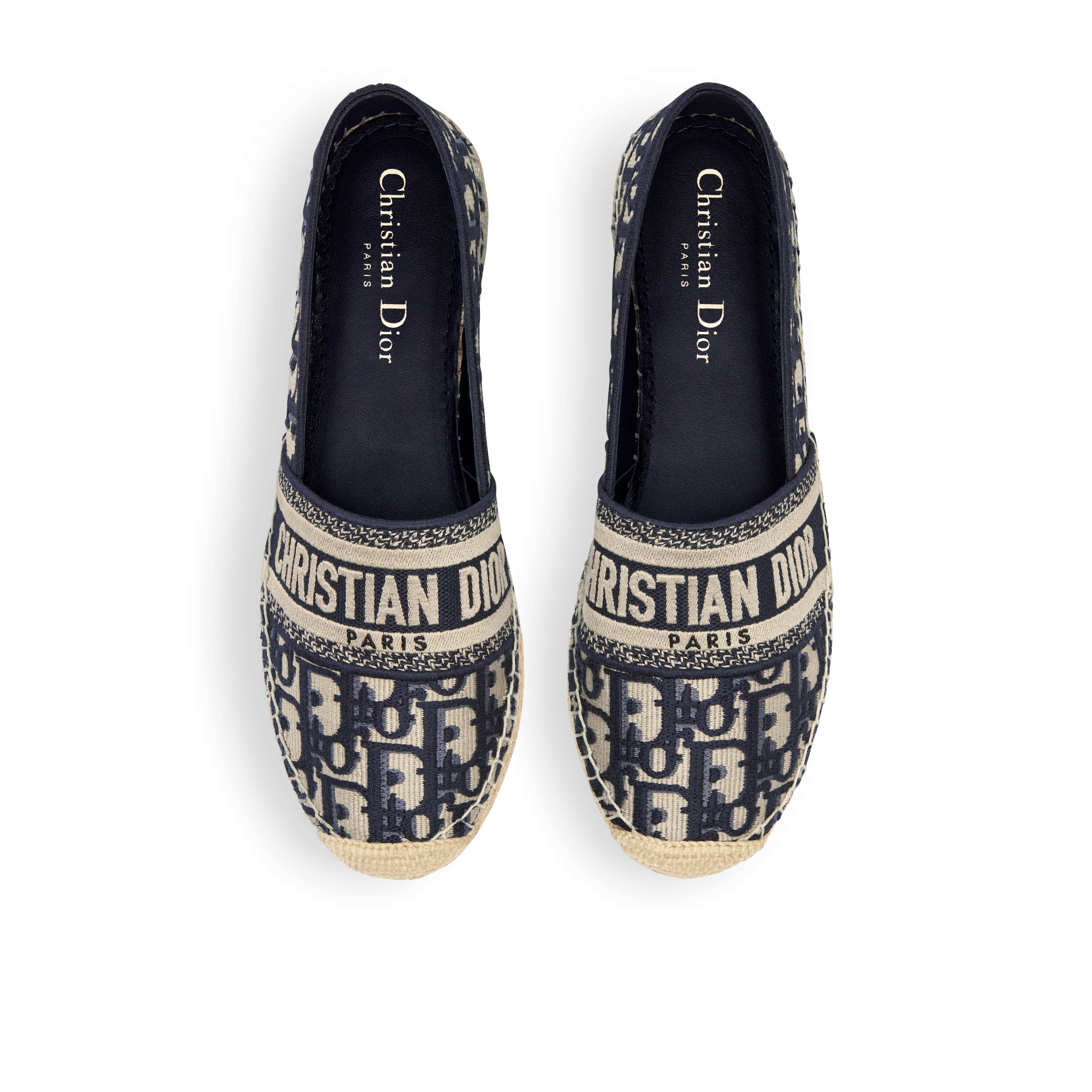 Dior Granville 草编鞋 深蓝色棉质面料 Oblique 印花刺绣 E06