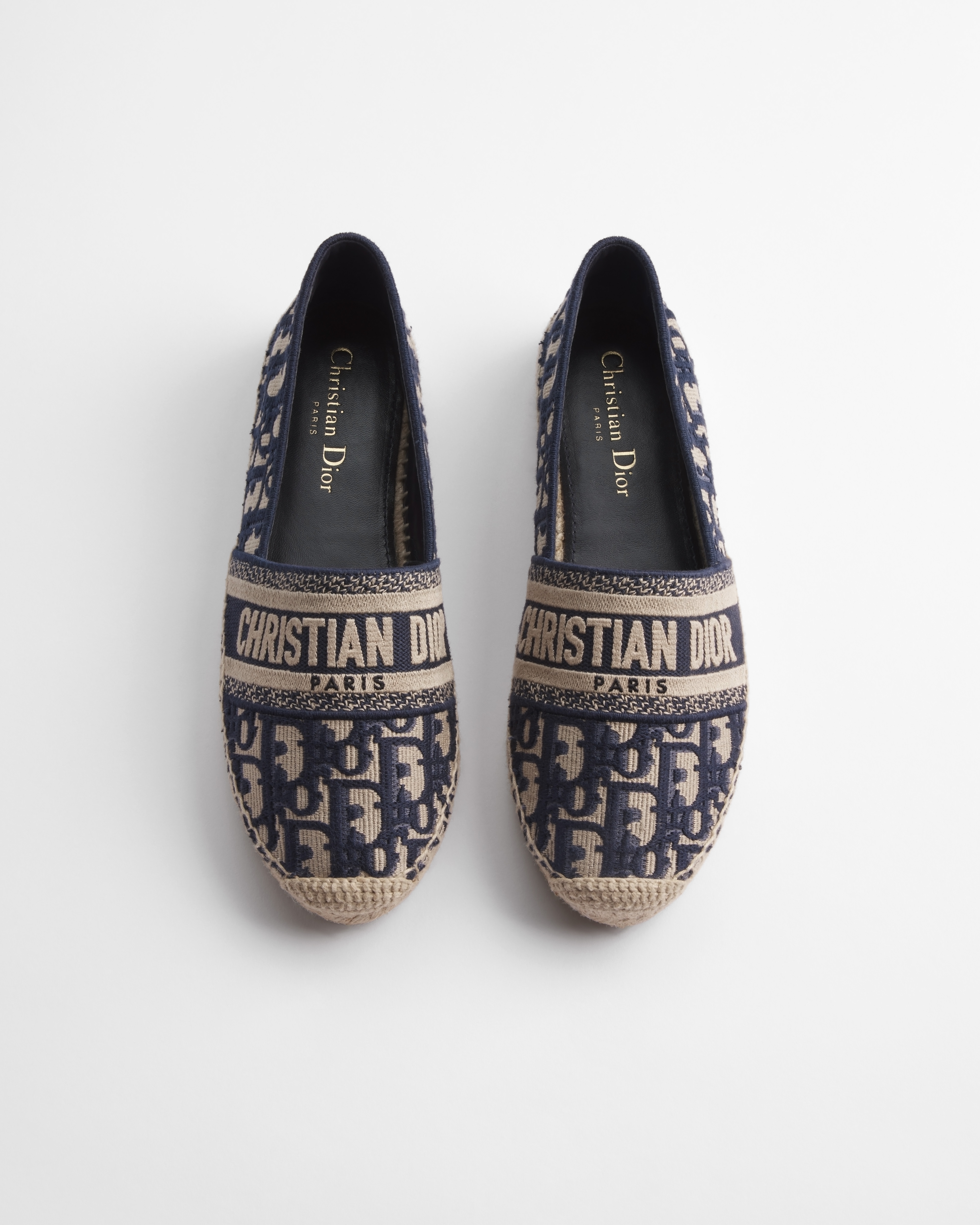 Dior Granville 草编鞋 深蓝色棉质面料 Oblique 印花刺绣 E06