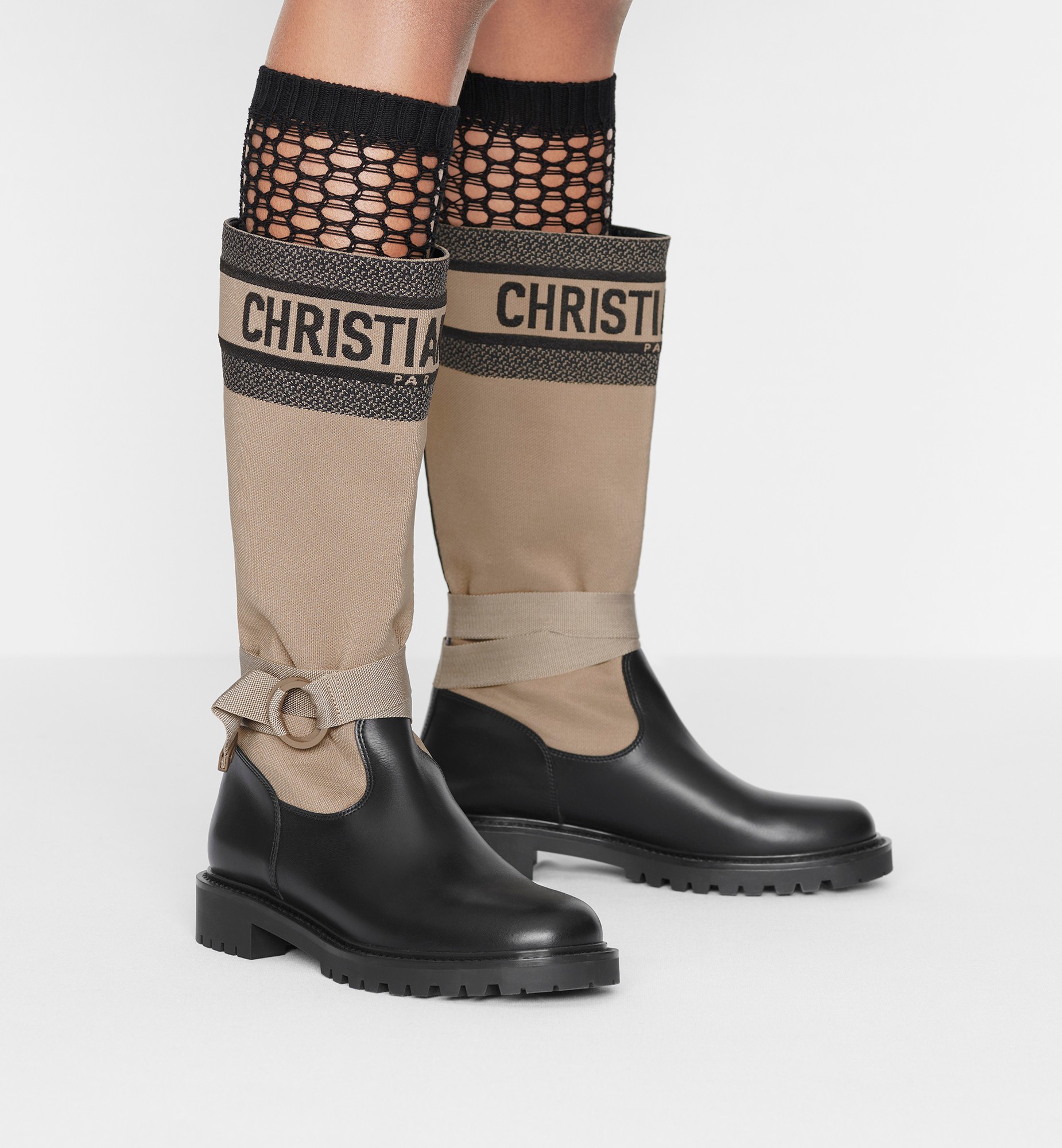 D-Major 靴子 暖灰褐色和黑色科技面料搭配黑色牛皮革 E12