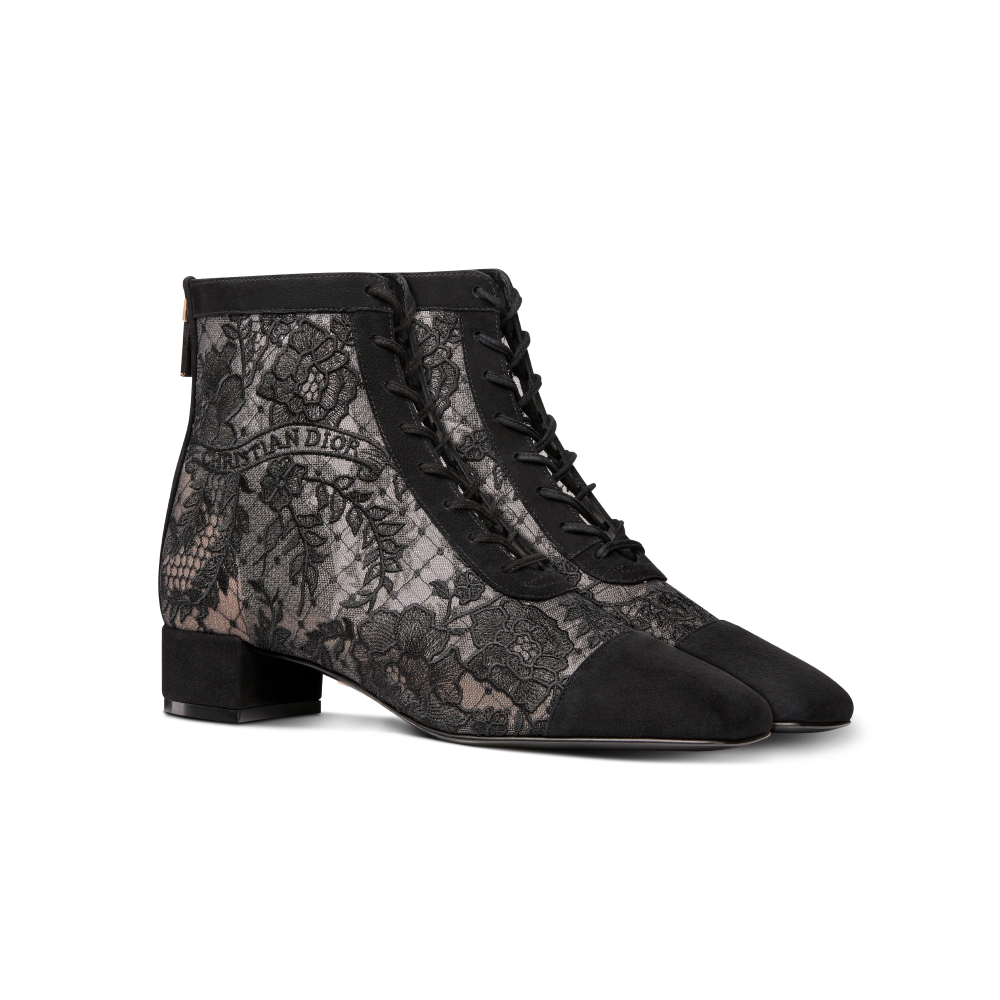 Naughtily-D 带跟及踝靴 透明网面和黑色绒面羊皮革搭配 Dior Roses 图案刺绣 E03