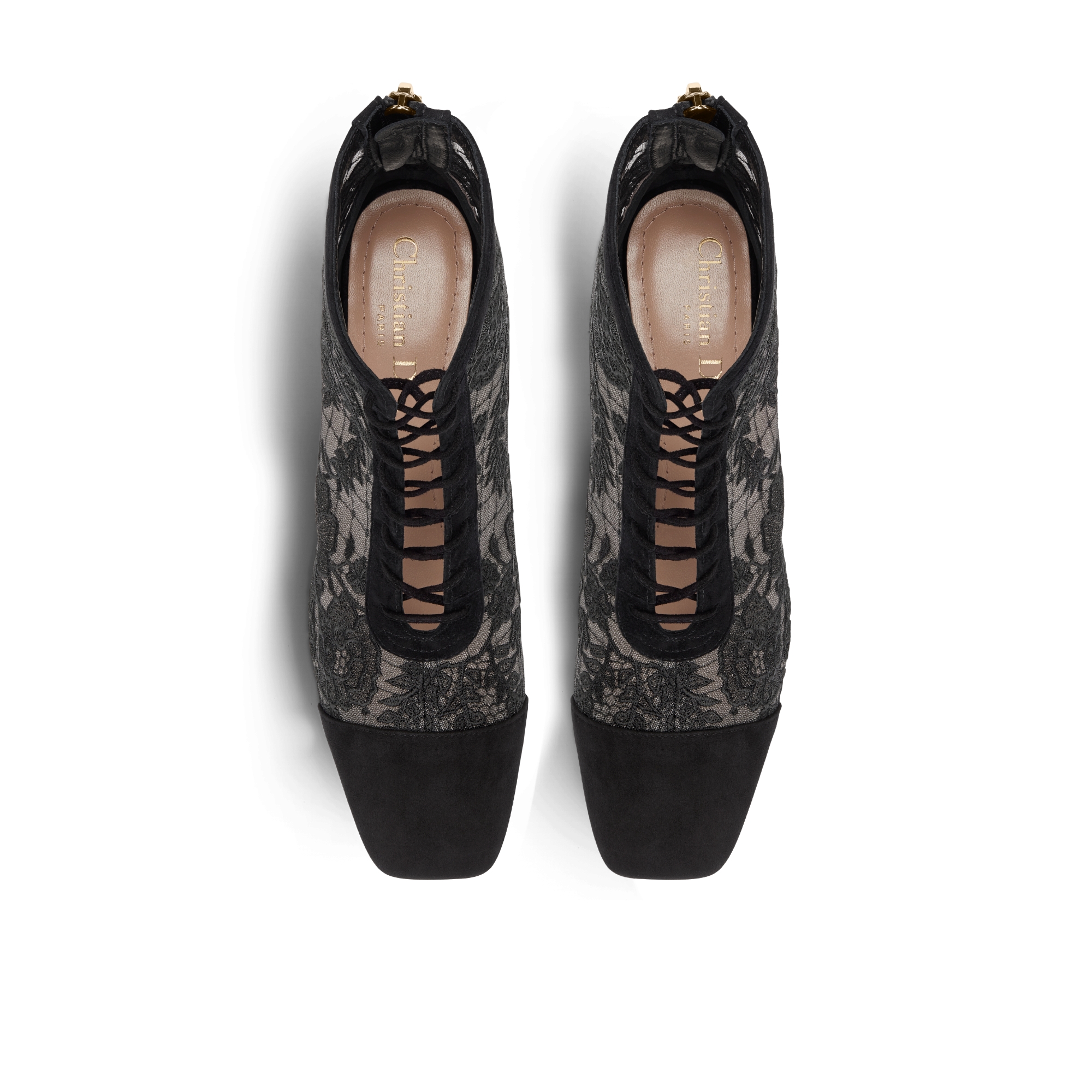 Naughtily-D 带跟及踝靴 透明网面和黑色绒面羊皮革搭配 Dior Roses 图案刺绣 E06