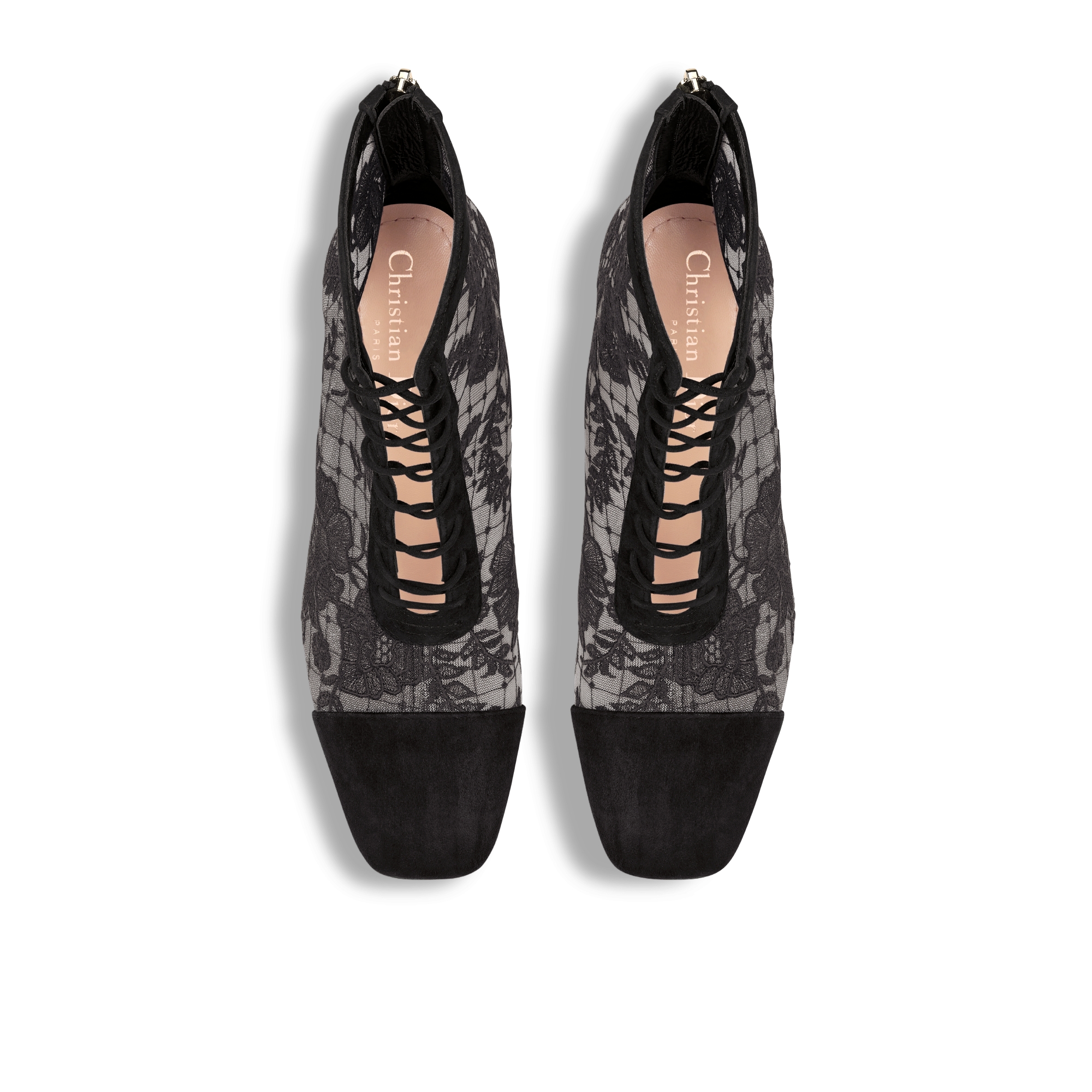 Naughtily-D 带跟及踝靴 透明网面和黑色绒面羊皮革搭配 Dior Roses 图案刺绣 E06