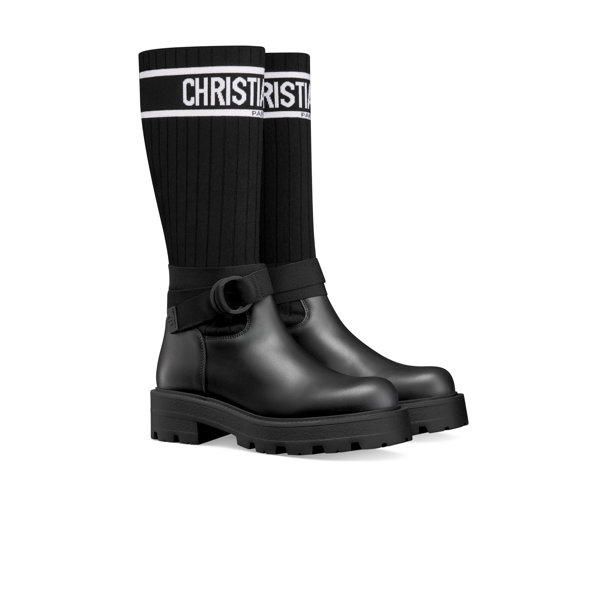 D-Major 靴子 黑色牛皮革搭配黑色和白色科技针织面料 E03