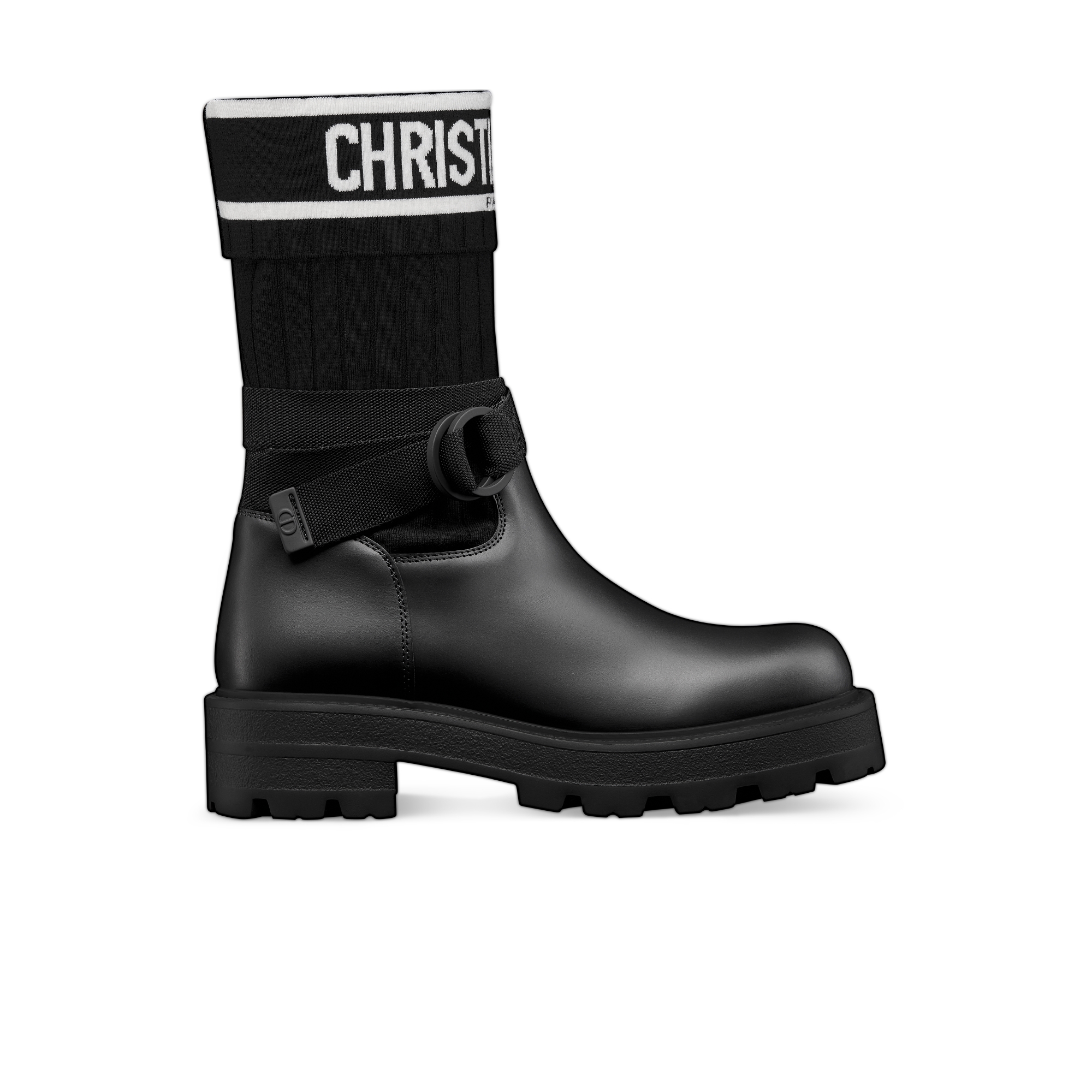 D-Major 及踝靴 黑色牛皮革搭配黑色和白色科技针织面料 E02