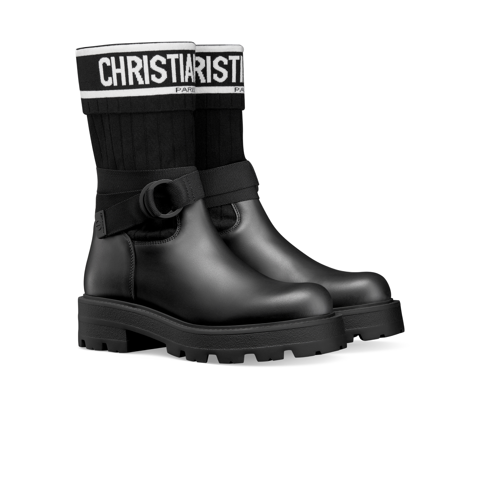 D-Major 及踝靴 黑色牛皮革搭配黑色和白色科技针织面料 E03