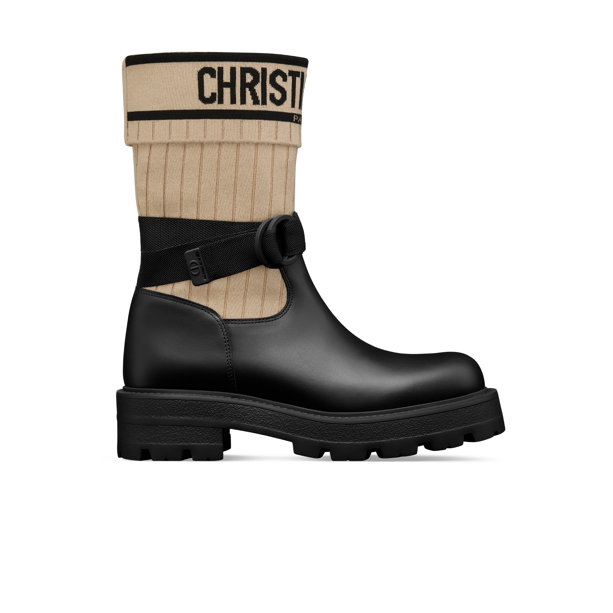 D-Major 及踝靴 黑色牛皮革搭配米色和黑色科技针织面料 E02