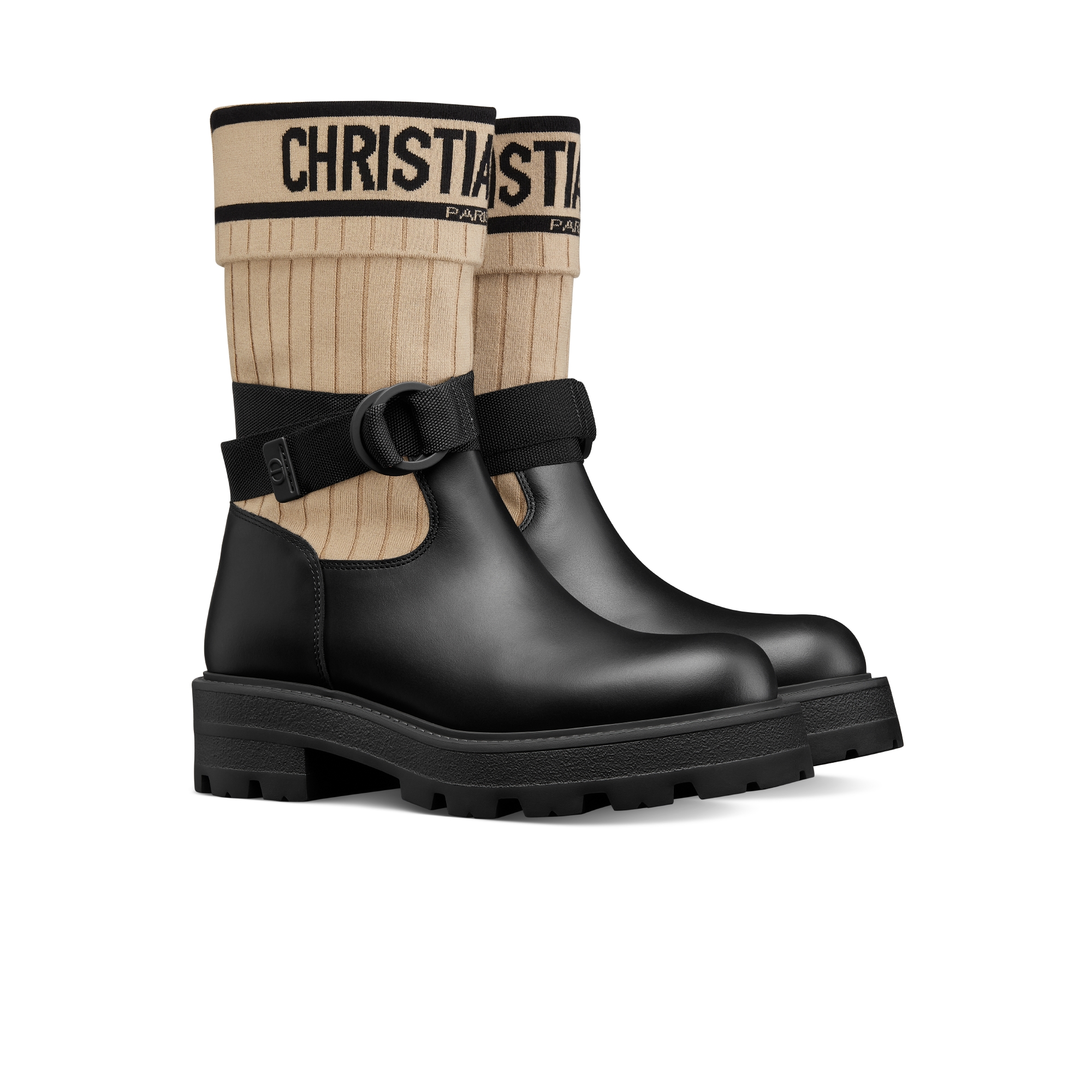 D-Major 及踝靴 黑色牛皮革搭配米色和黑色科技针织面料 E03