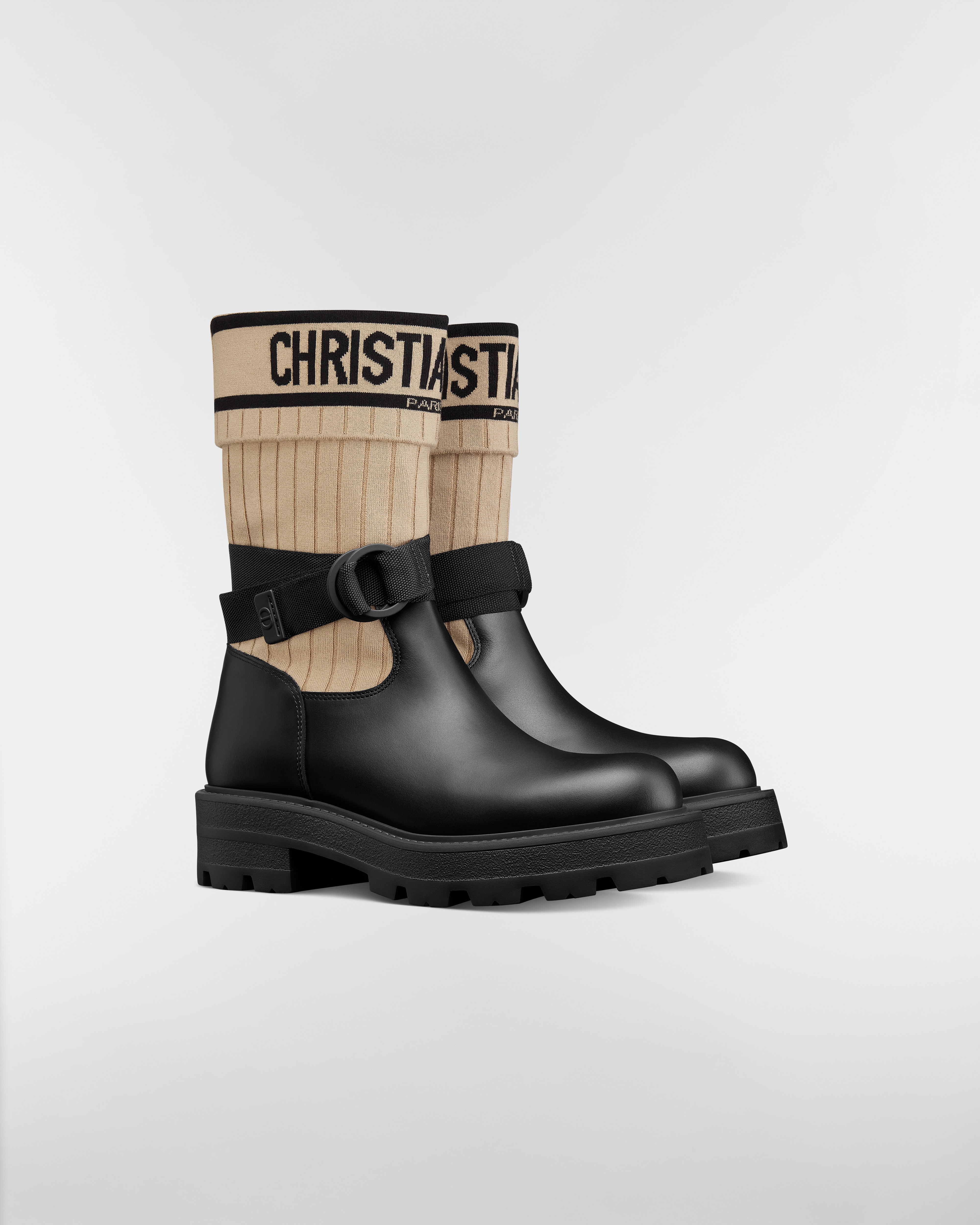 D-Major 及踝靴 黑色牛皮革搭配米色和黑色科技针织面料 E03