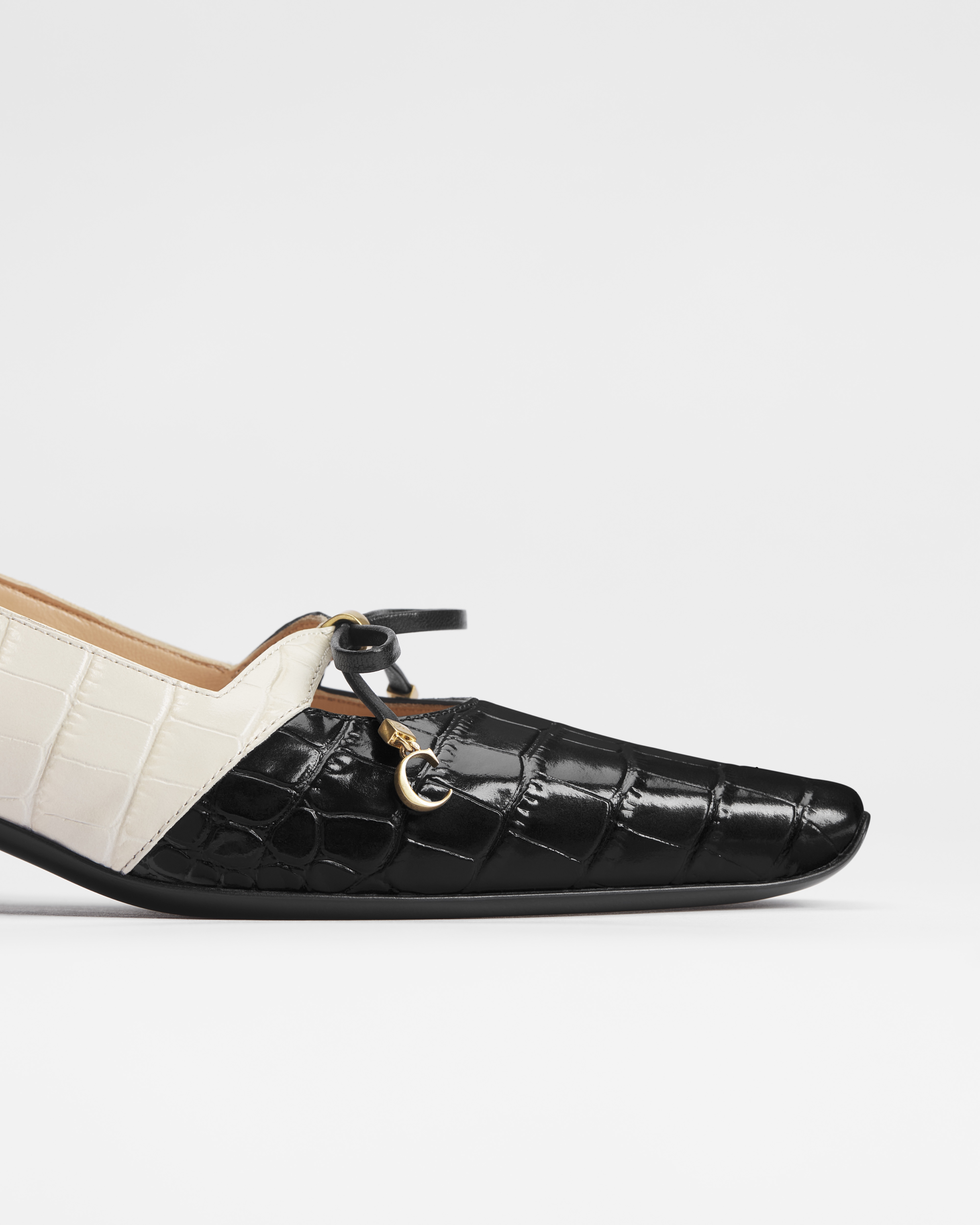 Dior Muse 高跟鞋 黑色和奶油白色牛皮革鳄鱼皮革效果图案 E09