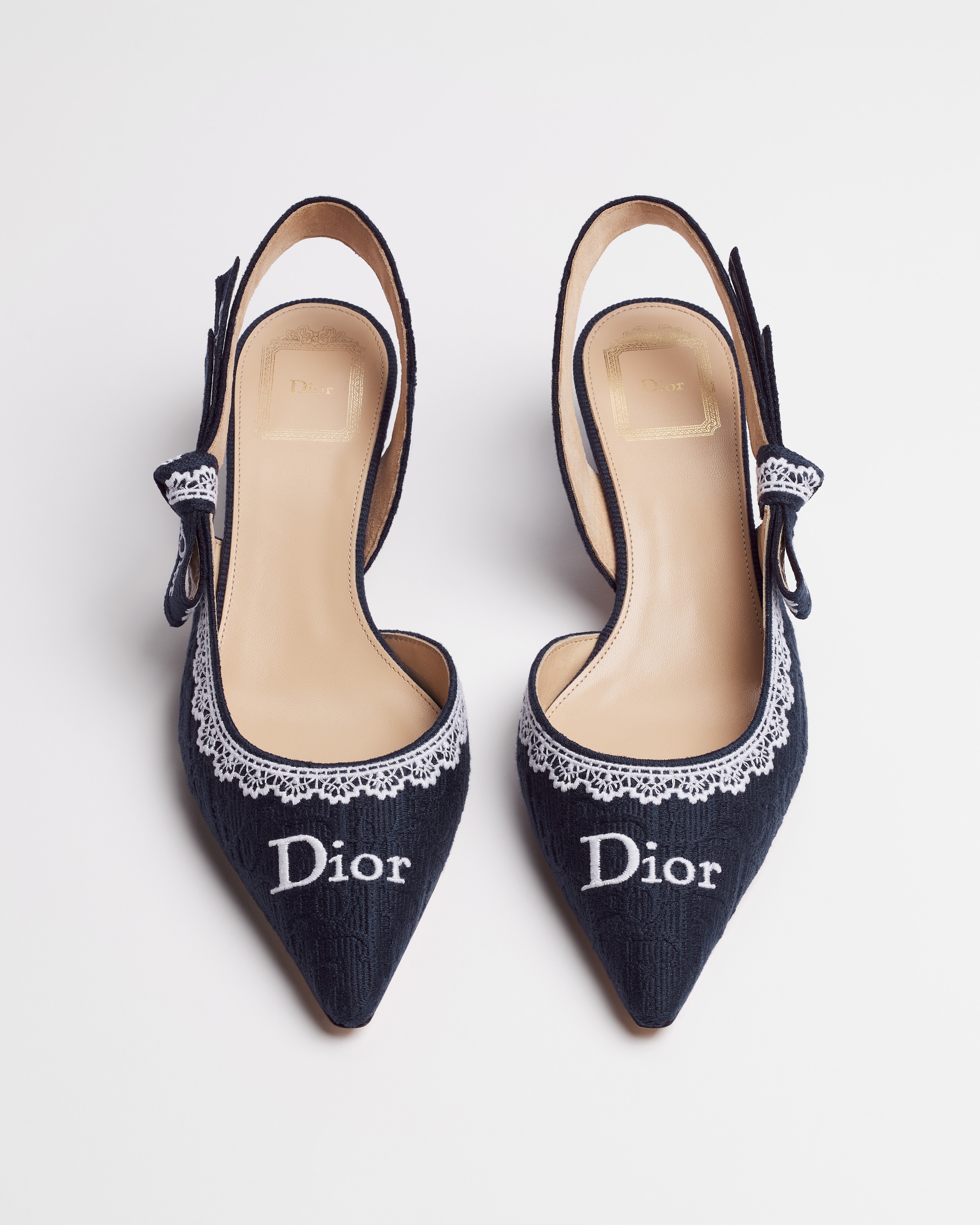 J'Adior 露跟高跟鞋 蓝色棉质面料 Oblique 印花和白色蕾丝 E06