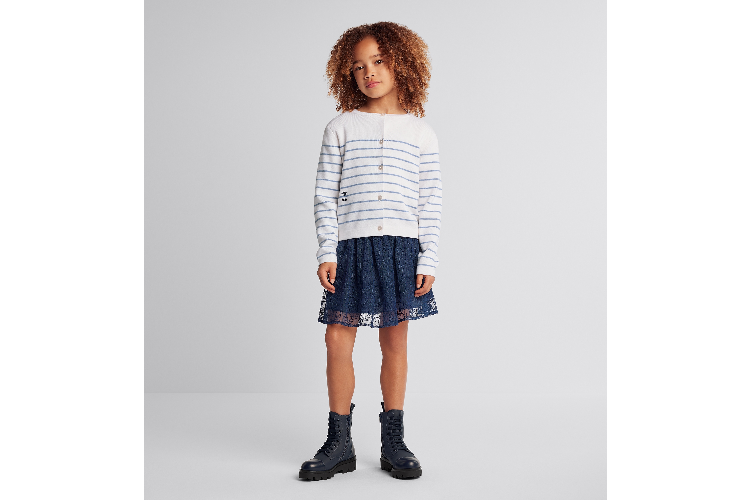 儿童短款半身裙 海军蓝色刺绣薄纱珠饰效果 Oblique 印花图案 E07