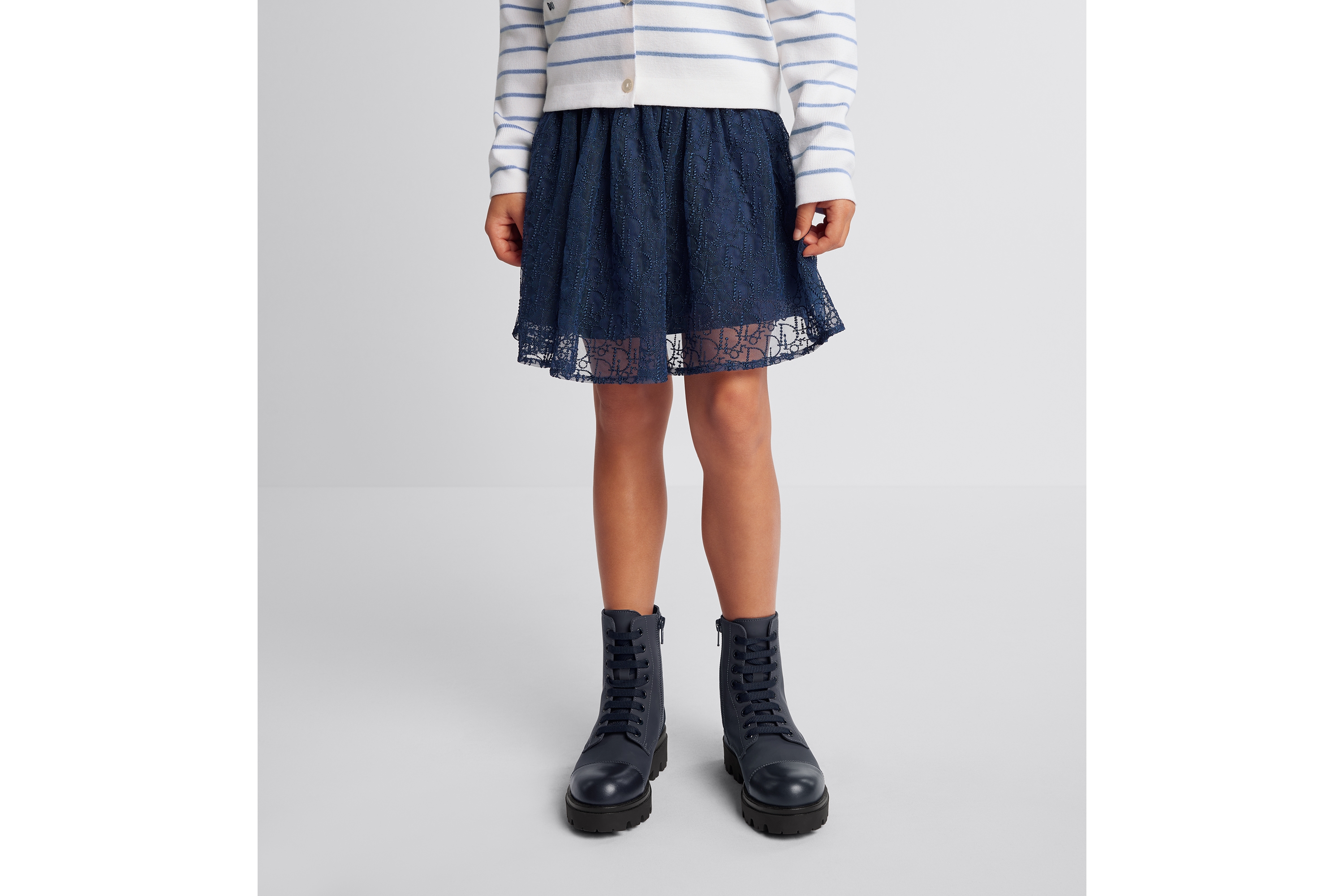 儿童短款半身裙 海军蓝色刺绣薄纱珠饰效果 Oblique 印花图案 E14