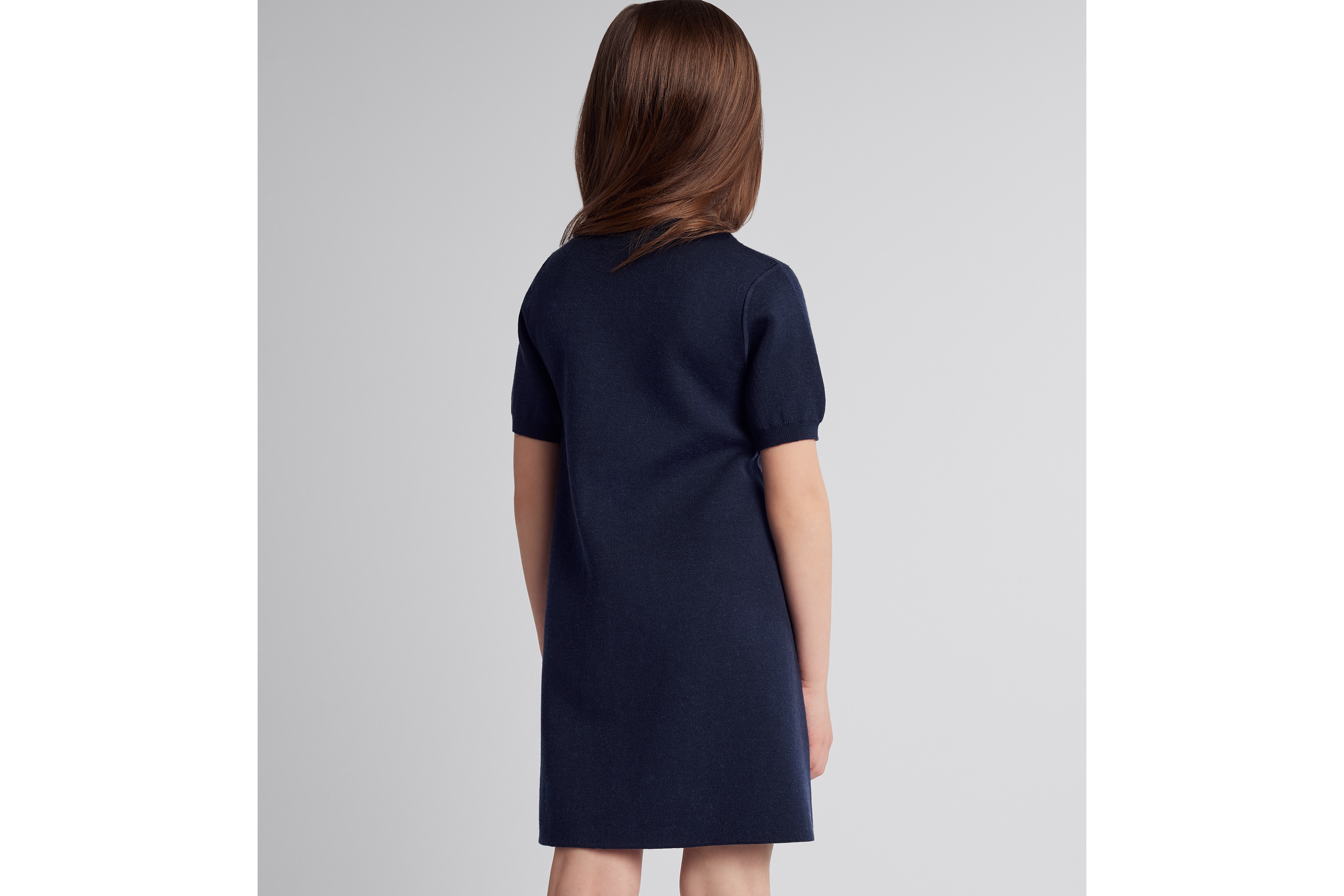 look_image_alt_prefix 儿童双面 A 字连衣裙 海军蓝色绵羊毛针织面料象牙色和蓝色 Oblique 印花 E10