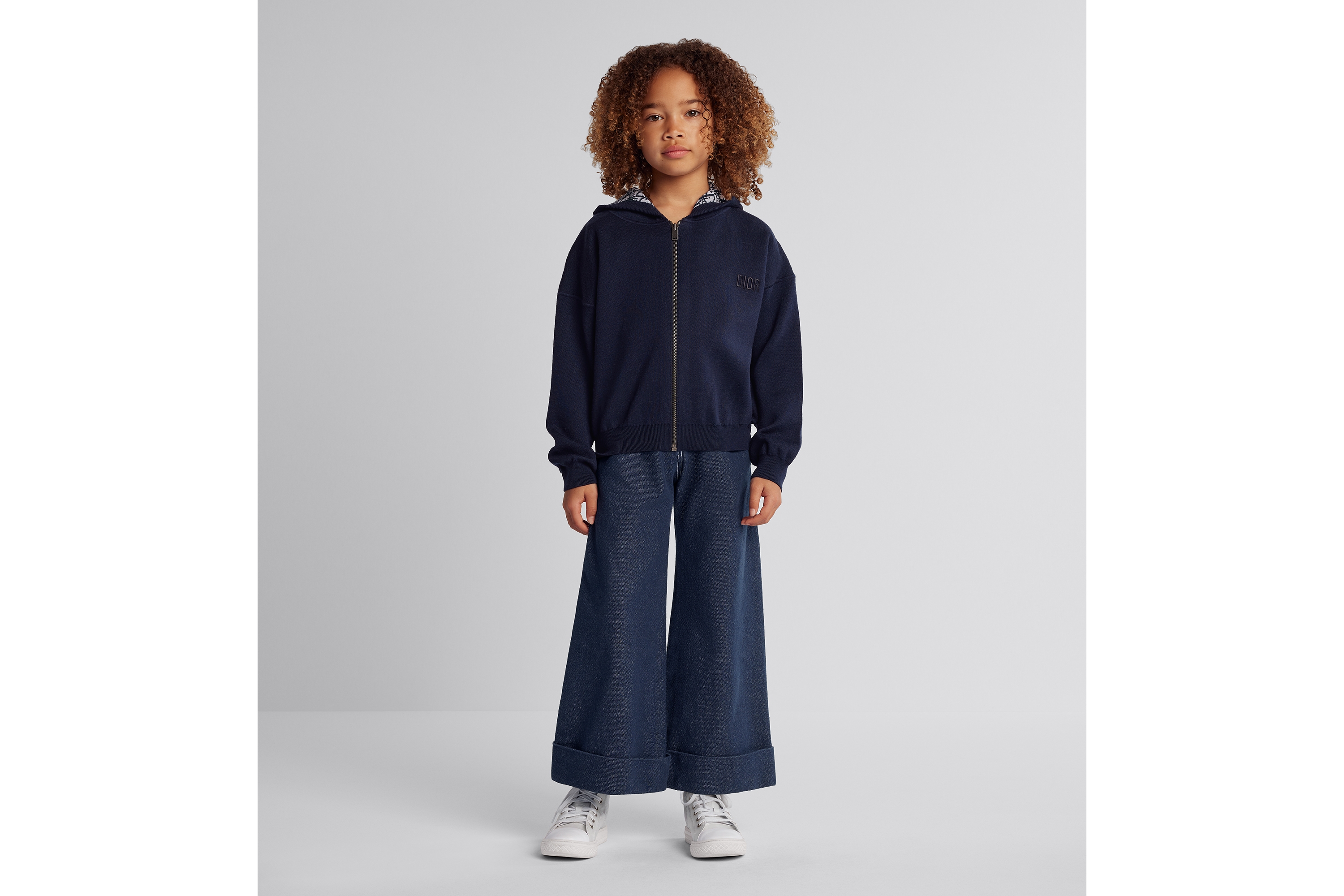 儿童双面连帽拉链开衫 海军蓝色绵羊毛针织面料象牙色和蓝色 Oblique 印花 E07