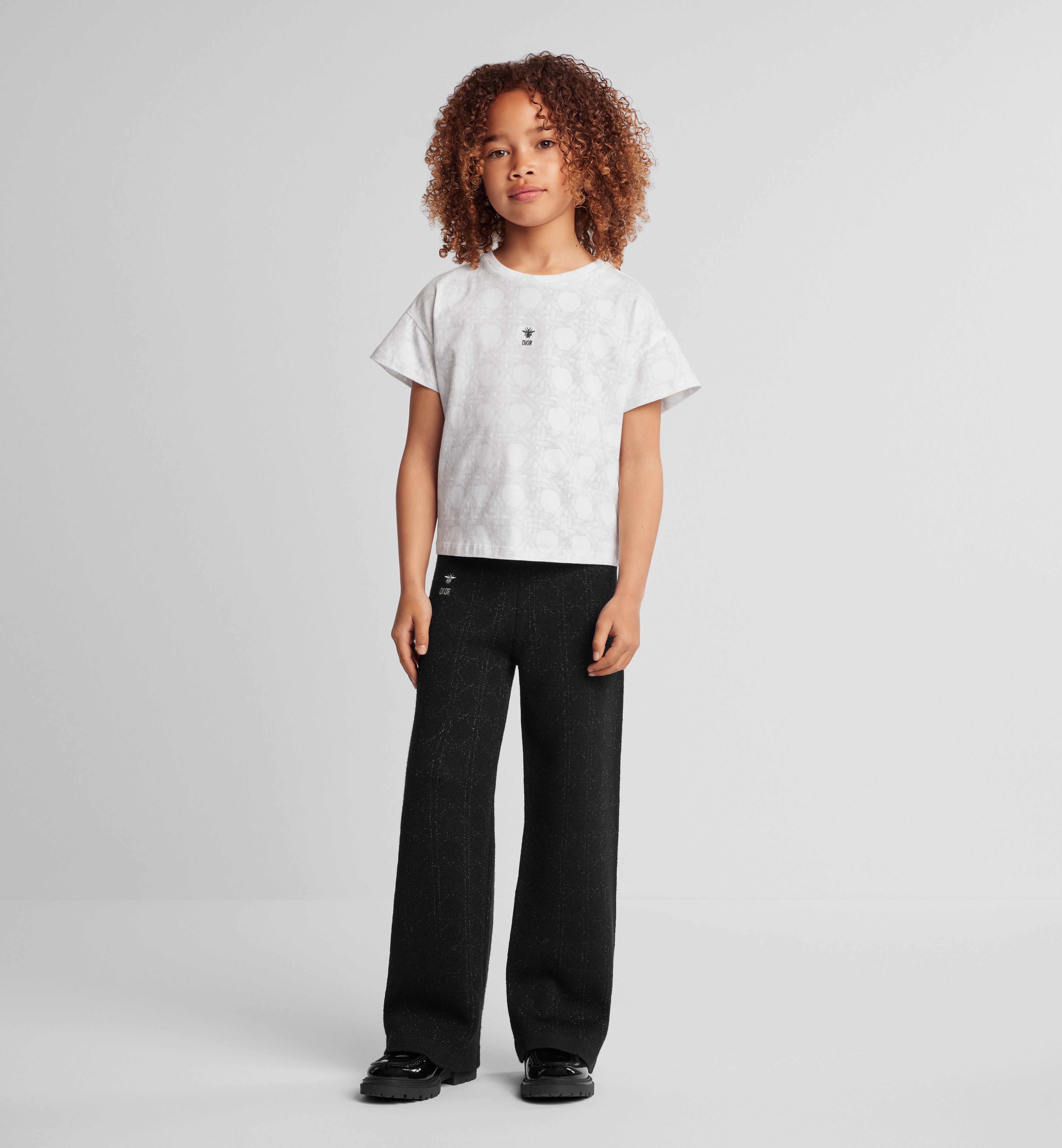 儿童 T 恤 象牙色棉质平纹针织面料浅灰色藤格纹图案 E01