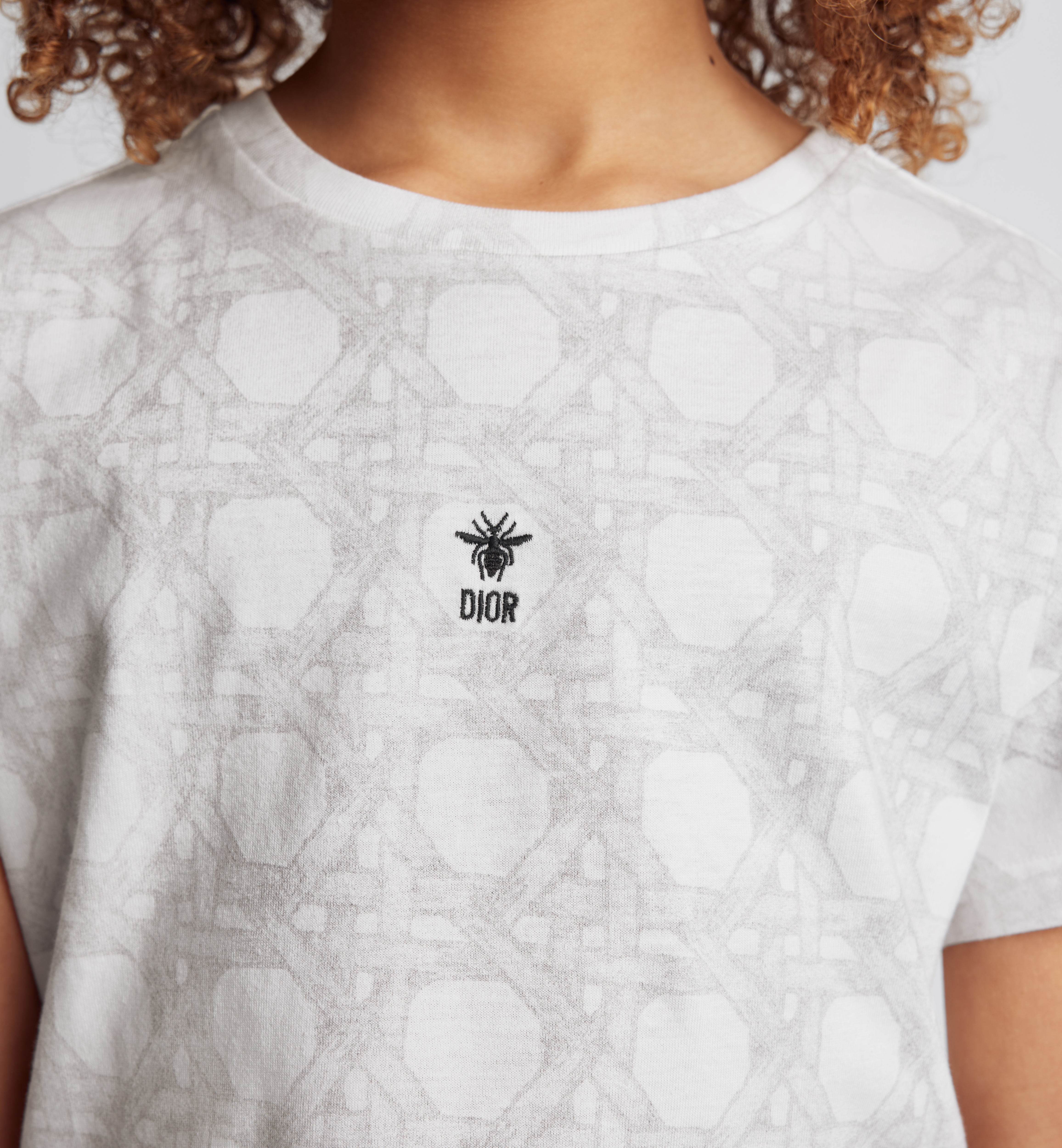 儿童 T 恤 象牙色棉质平纹针织面料浅灰色藤格纹图案 E03