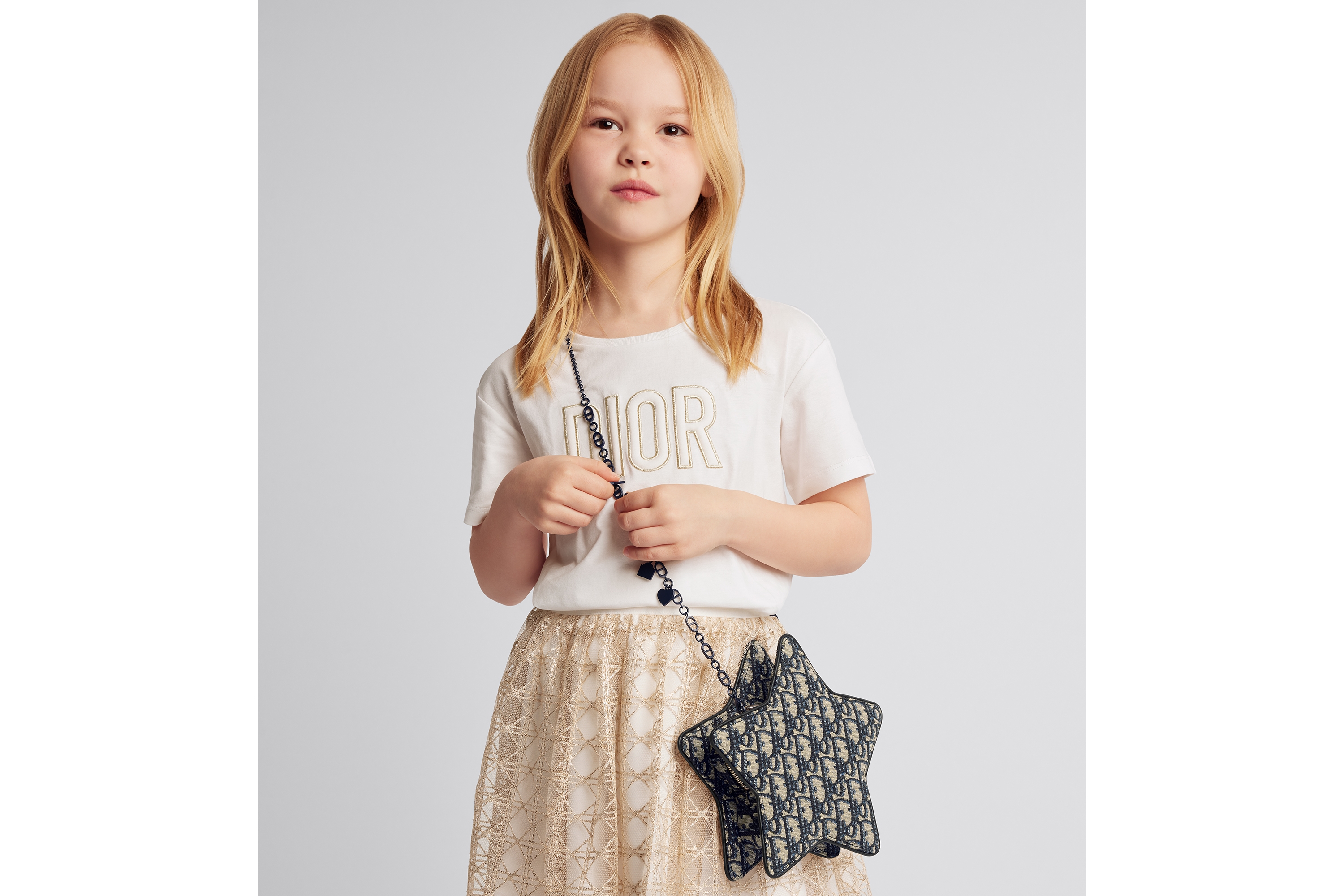 儿童星星造型手袋 米色和蓝色 Oblique 印花提花面料 E01