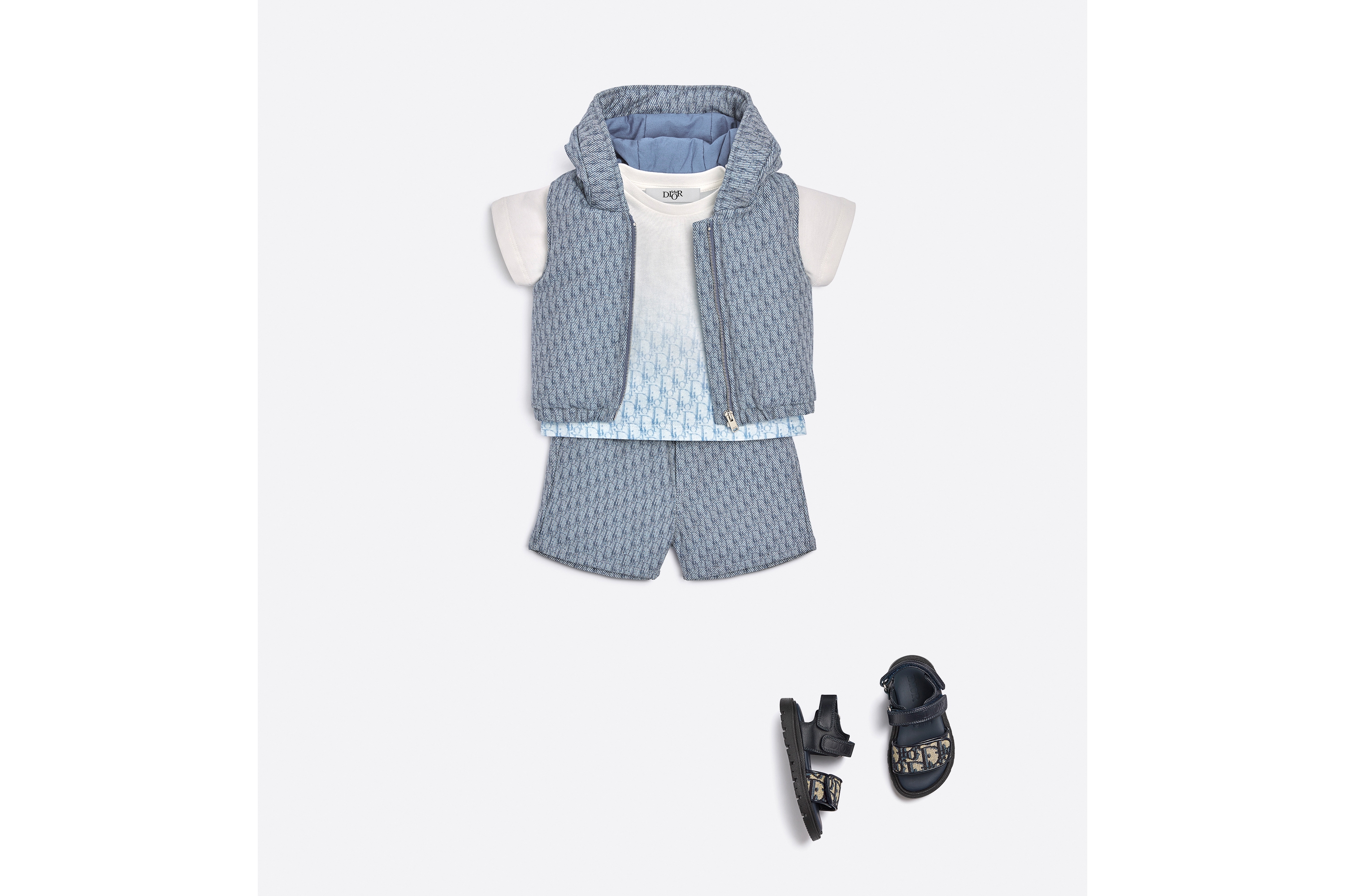 look_image_alt_prefix 婴幼儿 T 恤 象牙色棉质平纹针织面料渐变蓝色 Oblique 印花 E08