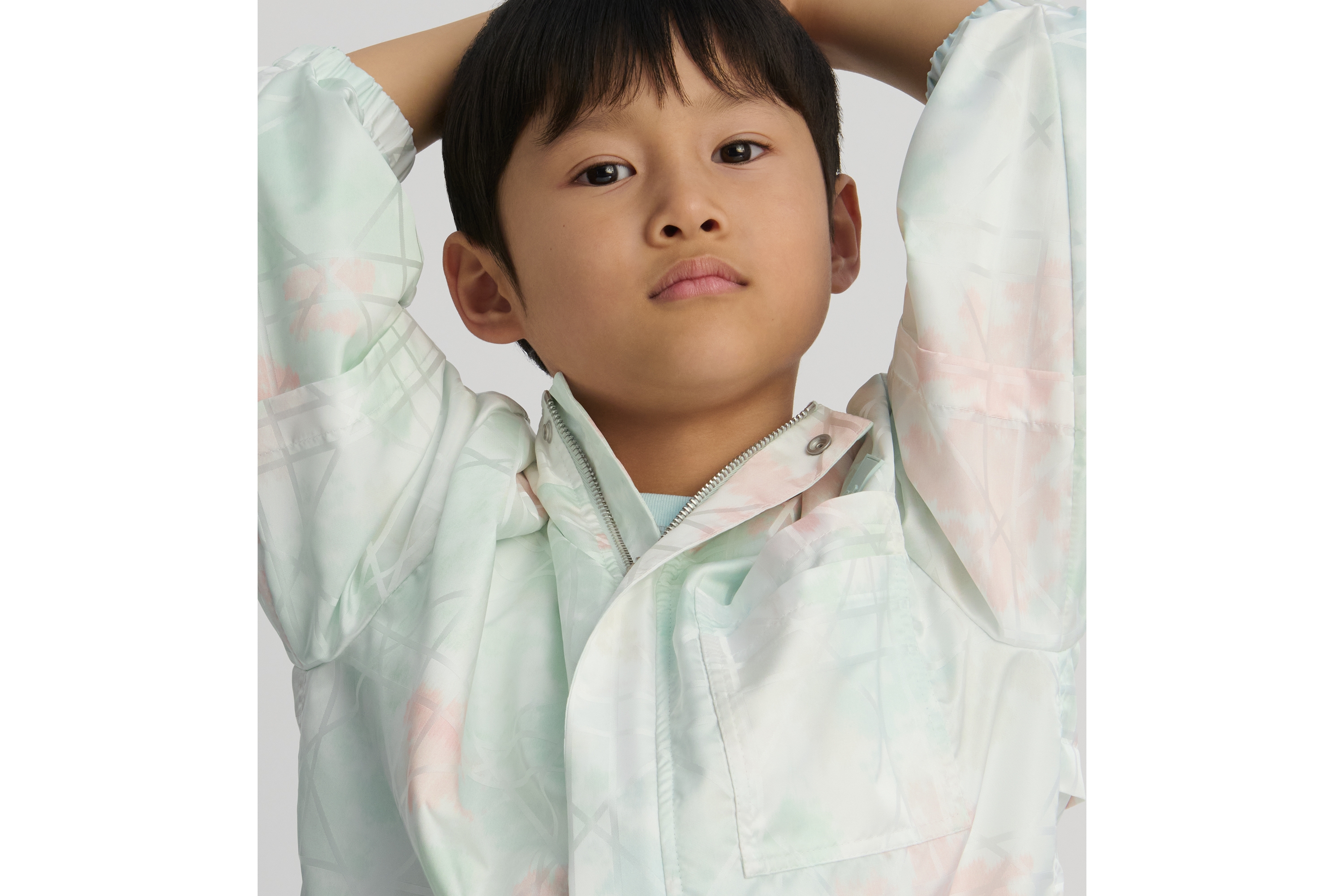 儿童连帽防风夹克 象牙色防水效果科技面料多色迷彩效果藤格纹 E07