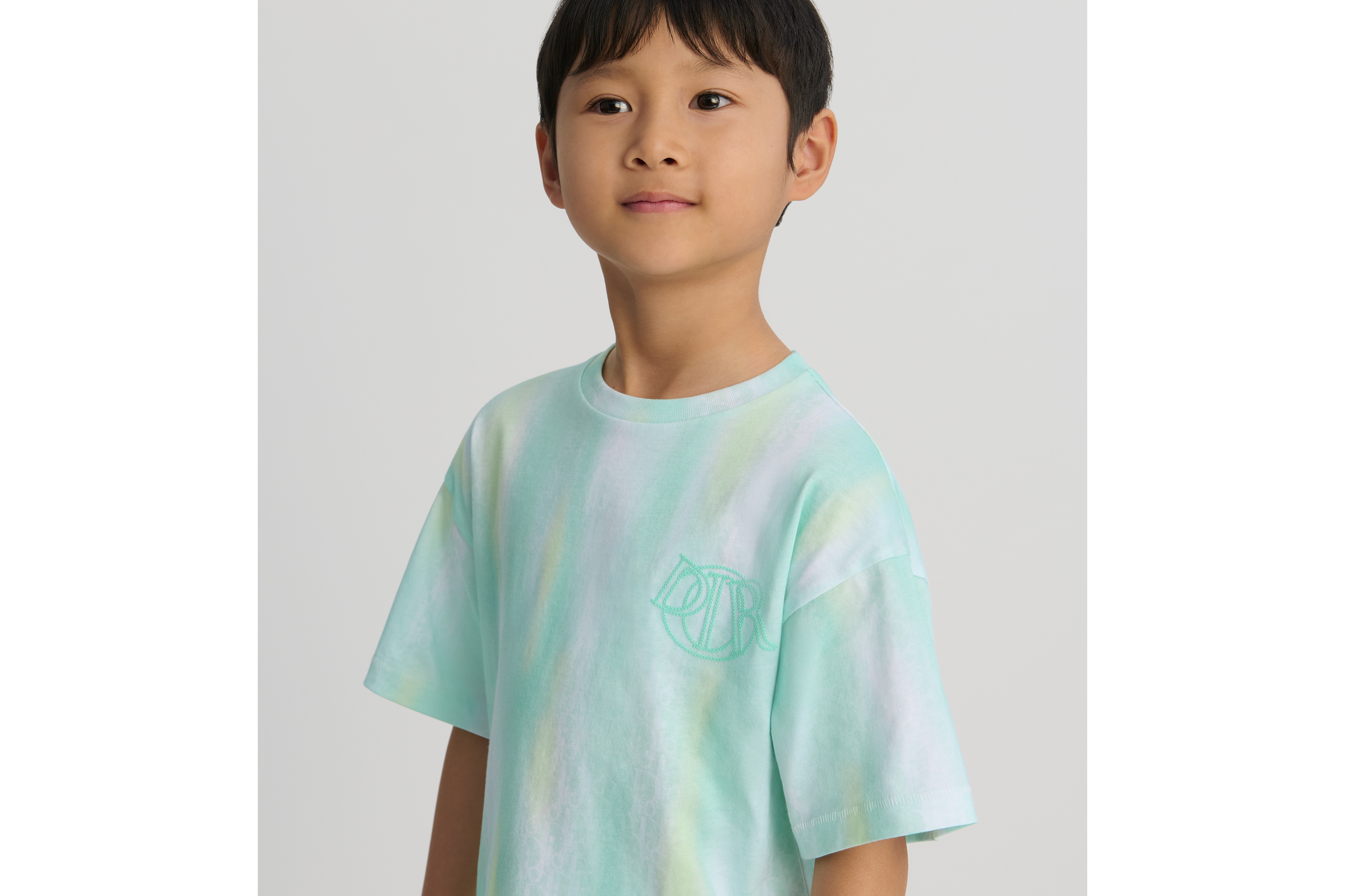 儿童 T 恤 黄色和灰绿色棉质平纹针织面料渐变效果 Oblique 印花 E02