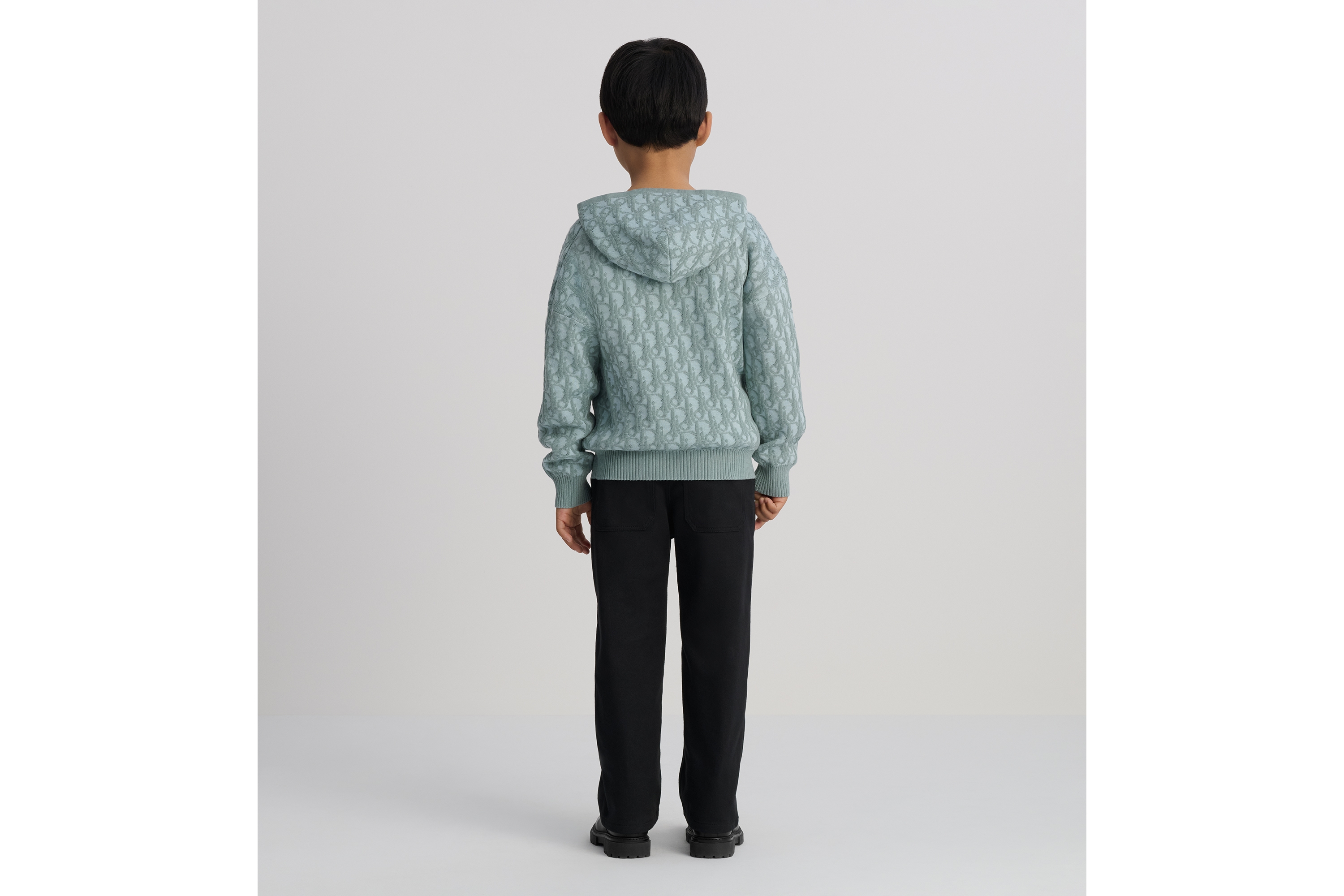 look_image_alt_prefix 儿童连帽针织衫 水蓝色棉质混纺针织面料搭配蓝色 Oblique 印花面料 E08