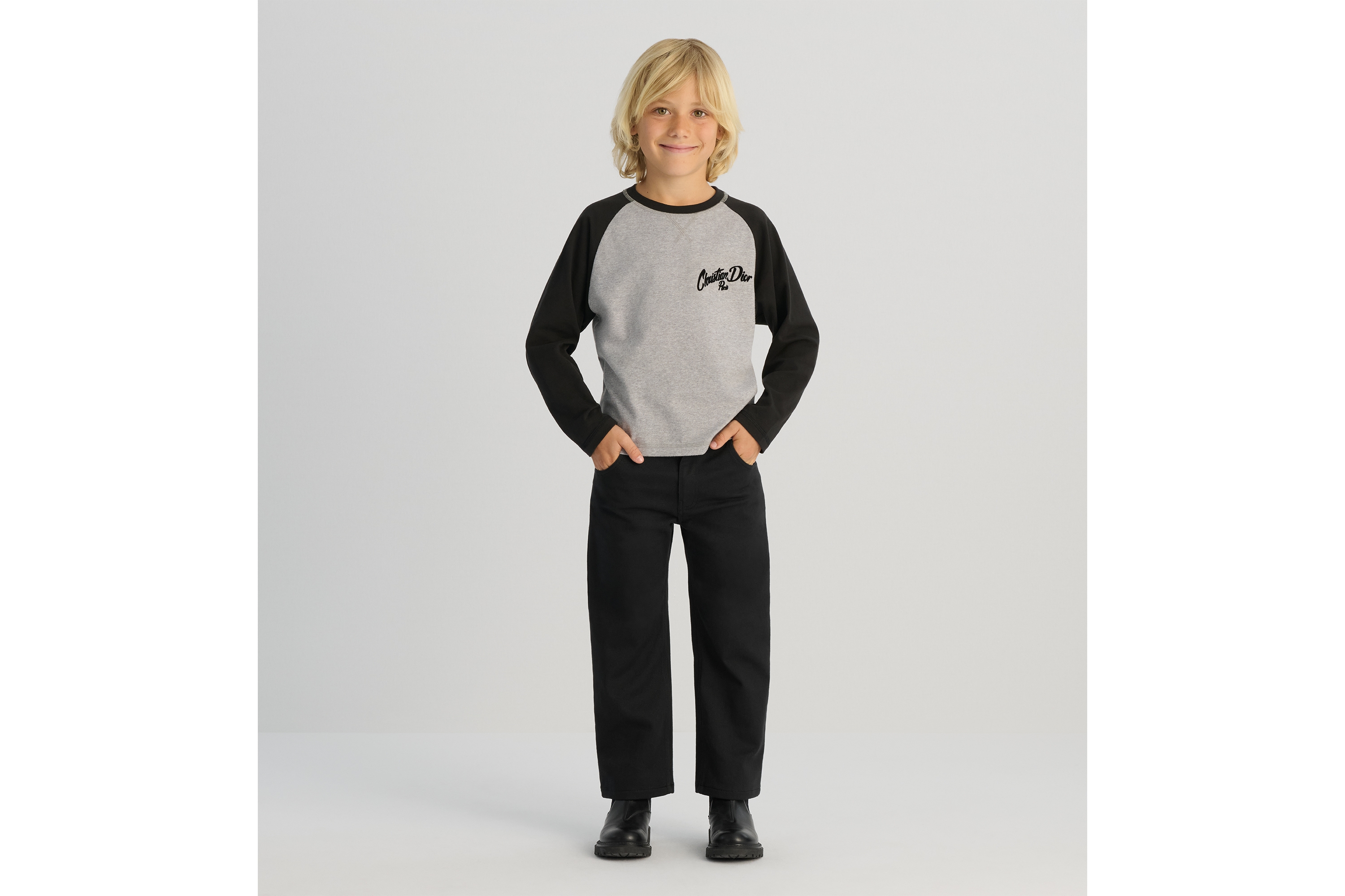 儿童长袖 T 恤 灰色和黑色棉质混纺平纹针织面料 E08