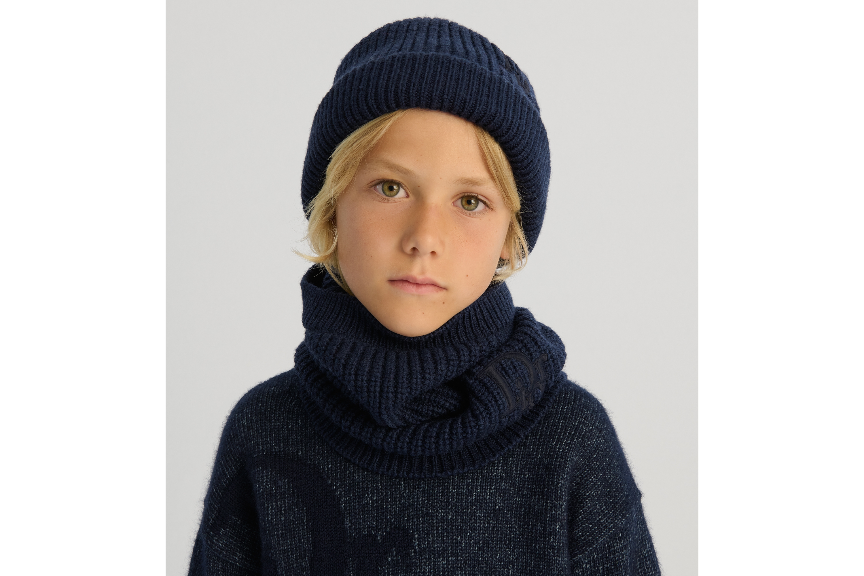 儿童围脖 海军蓝色绵羊毛混纺针织面料 E32