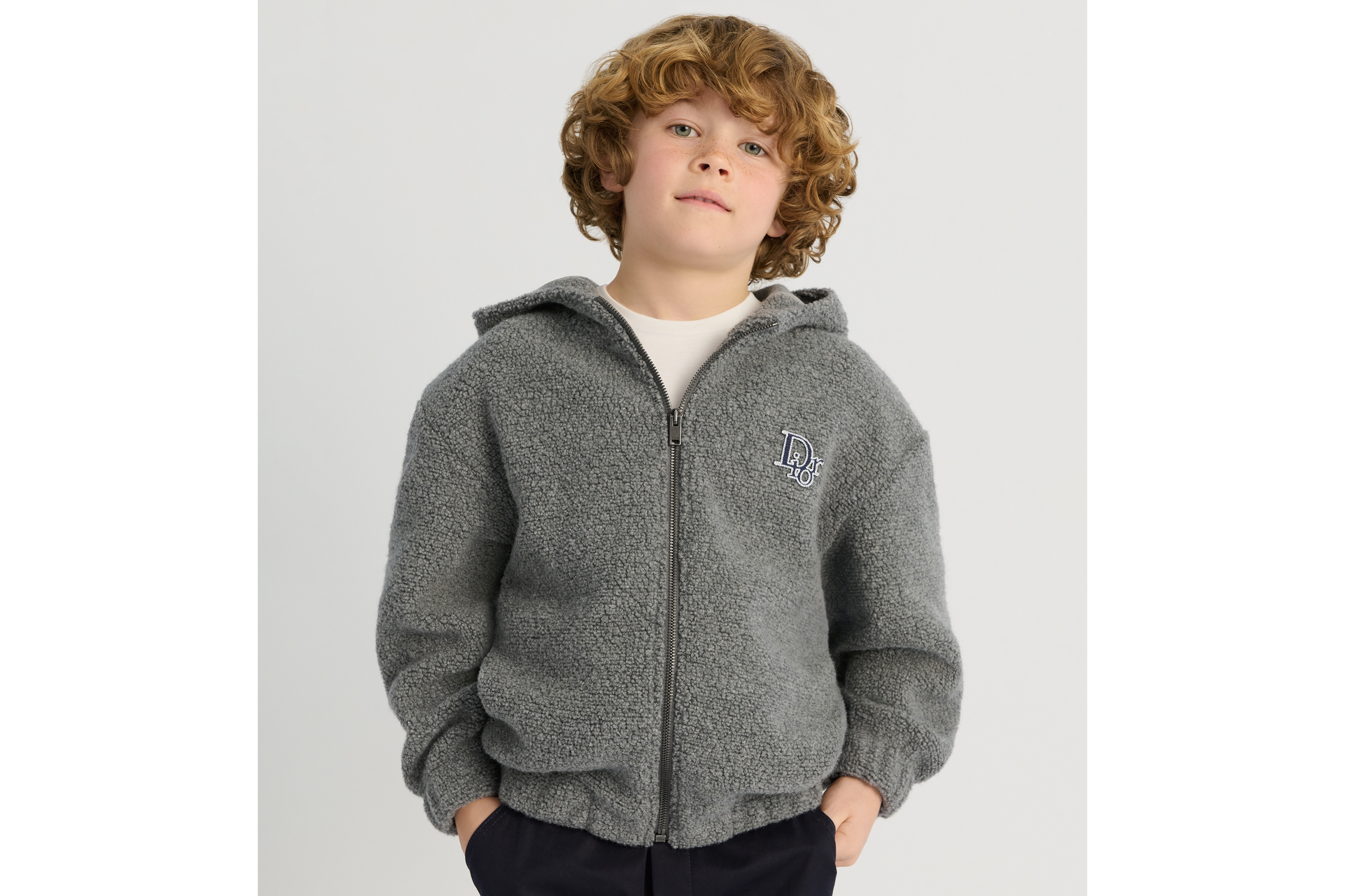 儿童连帽夹克 灰色绵羊毛效果毛圈花式线混纺面料 E02
