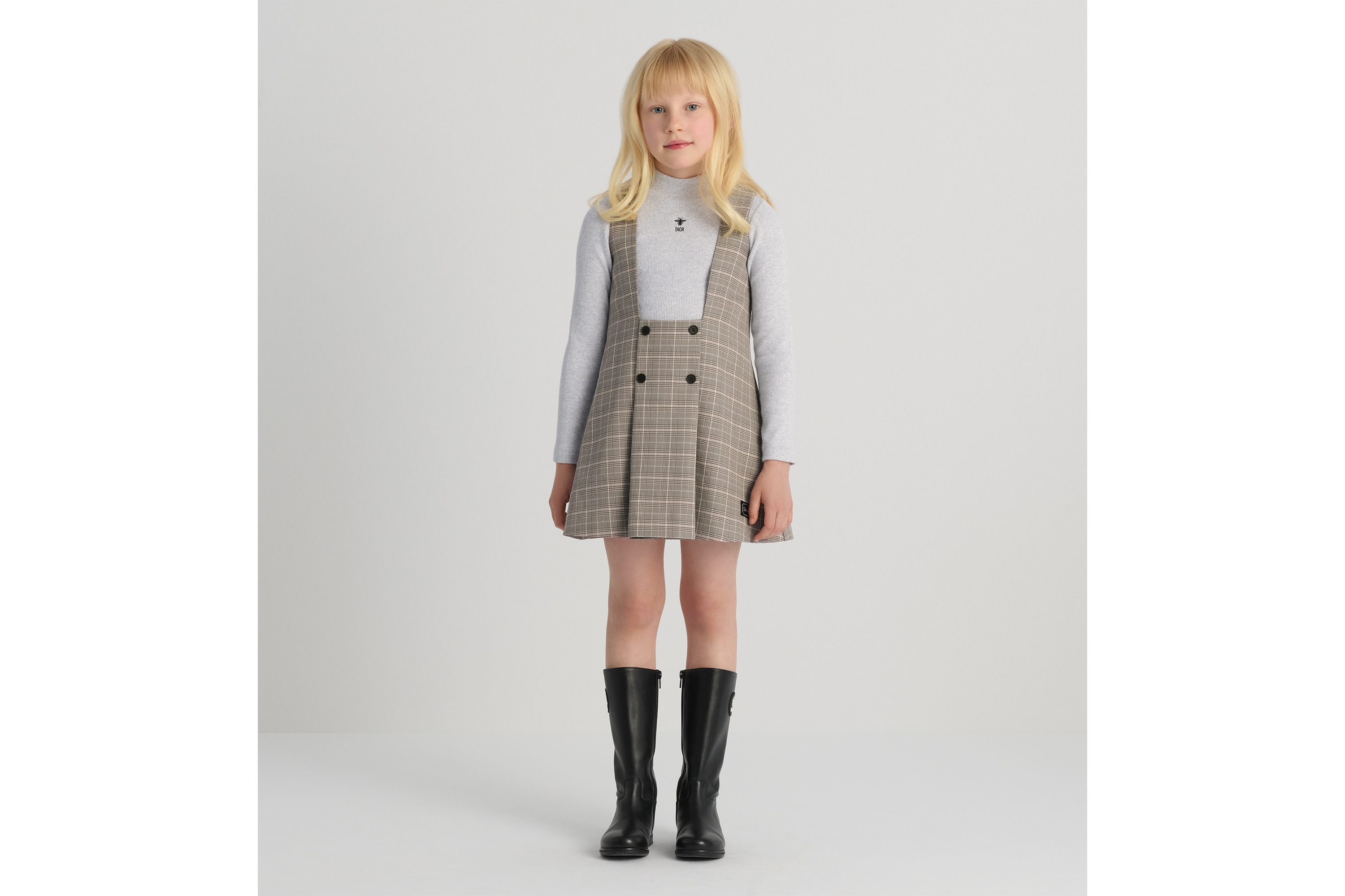 儿童 A 字连衣裙 灰色、粉色和银色调绵羊毛混纺面料威尔士亲王格纹图案 E01