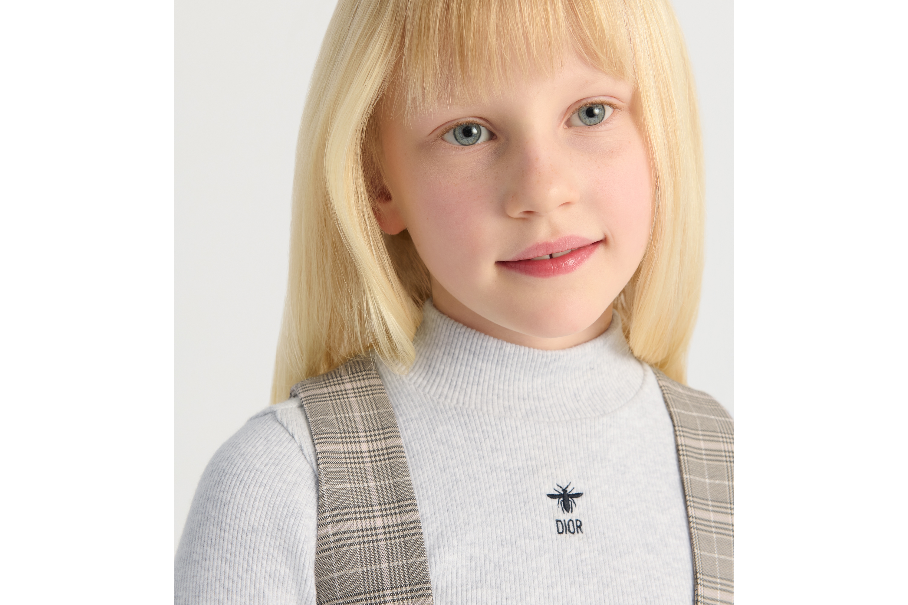 儿童 A 字连衣裙 灰色、粉色和银色调绵羊毛混纺面料威尔士亲王格纹图案 E02