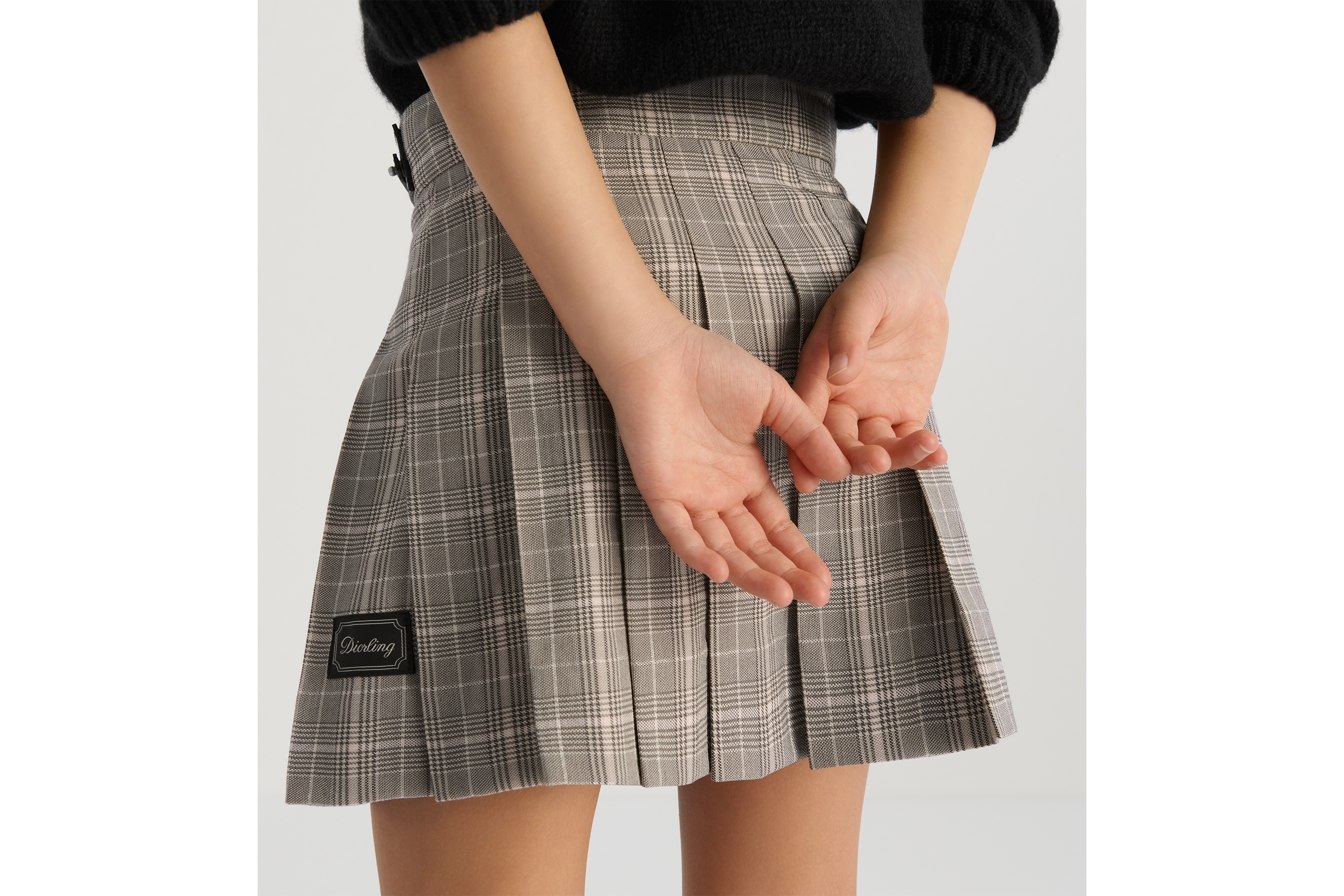 儿童褶裥裹身式半身裙 灰色、粉色和银色调绵羊毛混纺面料威尔士亲王格纹图案 E04