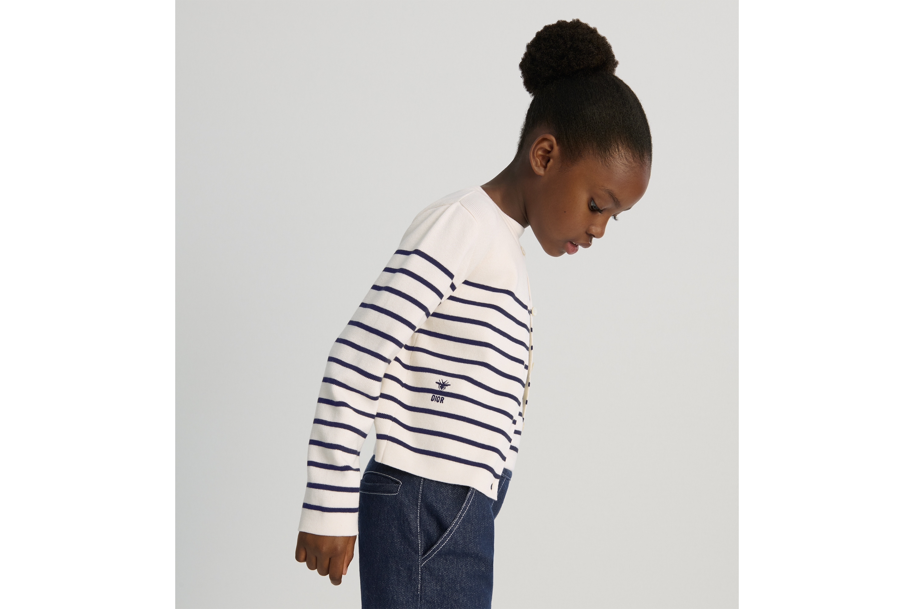 儿童开衫 象牙色棉质混纺针织面料海军蓝色条纹图案 E03