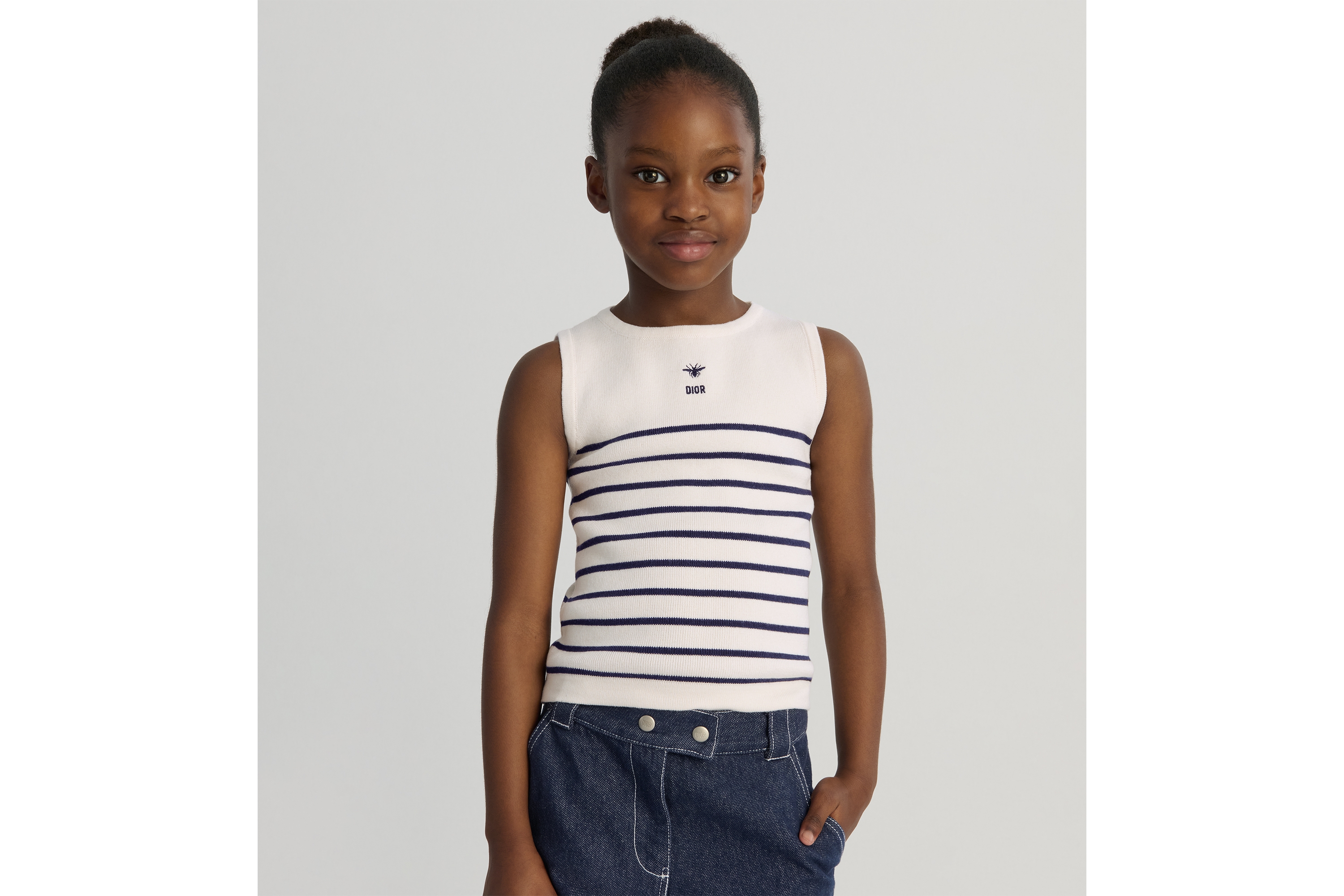 儿童背心 象牙色棉质混纺针织面料海军蓝色条纹图案 E07