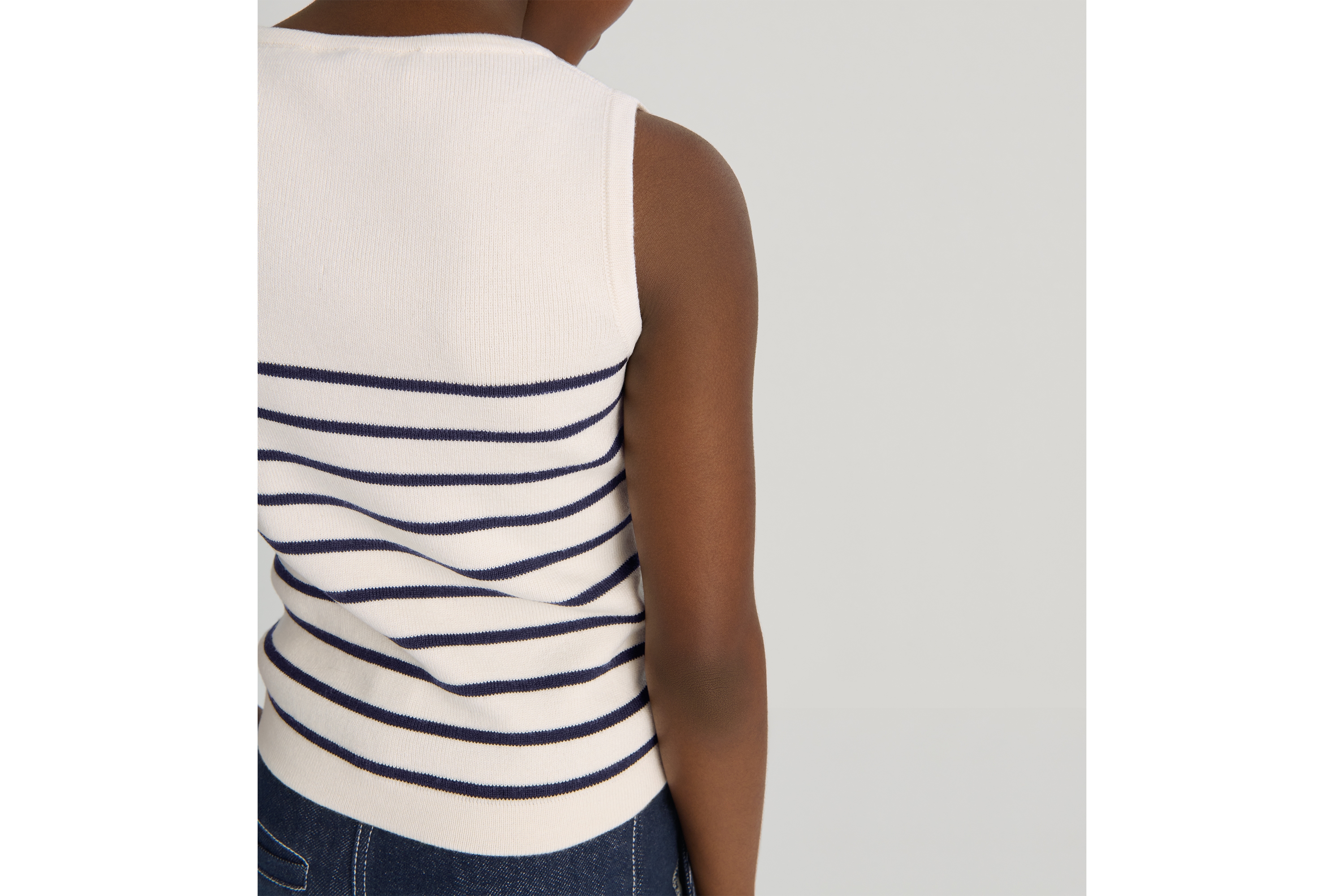 儿童背心 象牙色棉质混纺针织面料海军蓝色条纹图案 E09