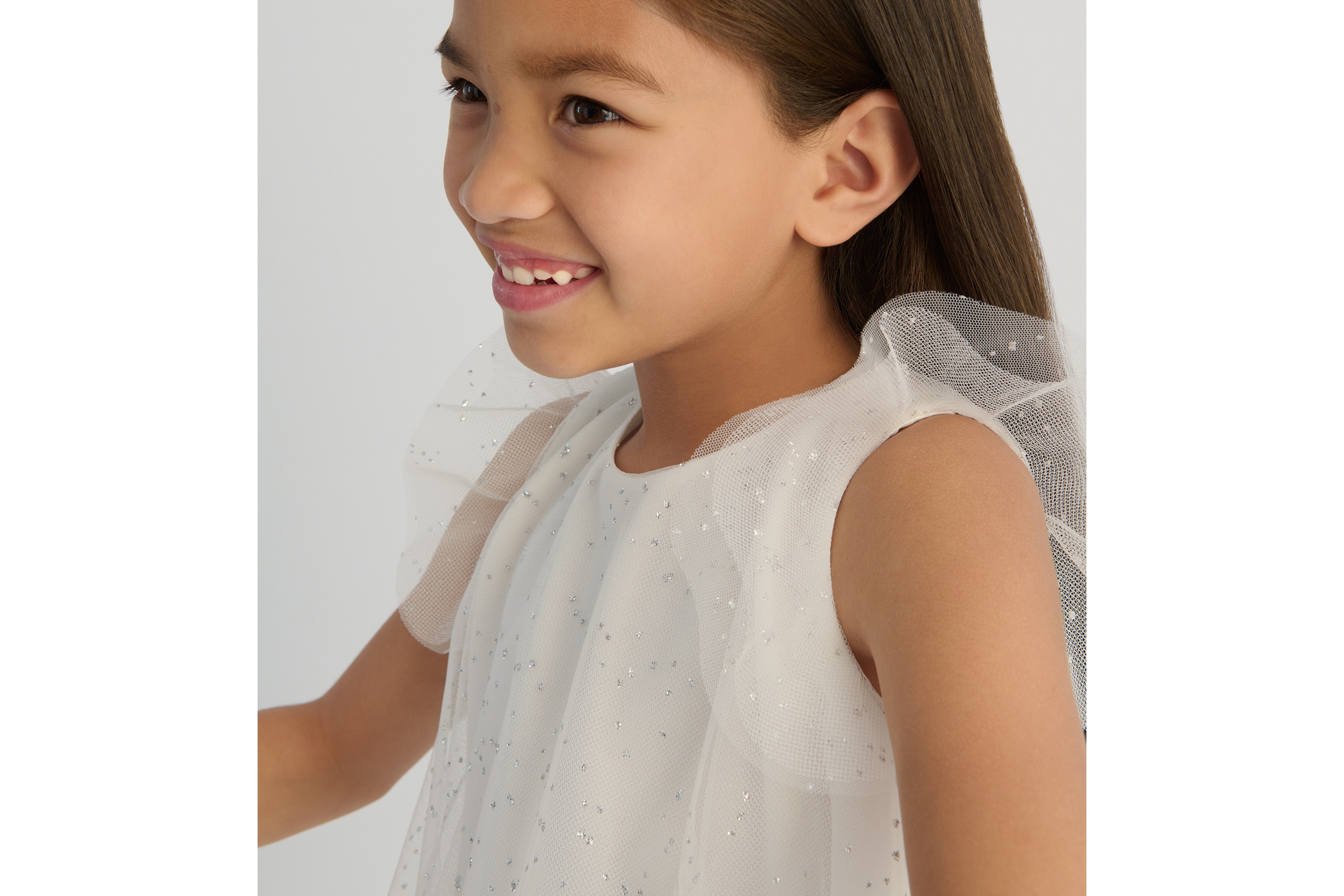 儿童喇叭形连衣裙 象牙色薄纱银色调亮片装饰 E07