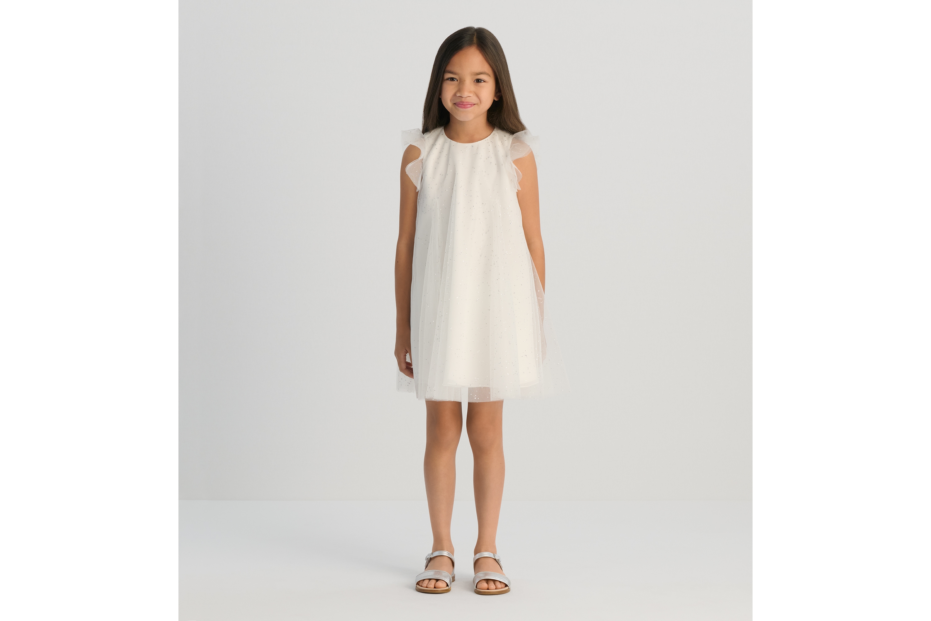 儿童喇叭形连衣裙 象牙色薄纱银色调亮片装饰 E08