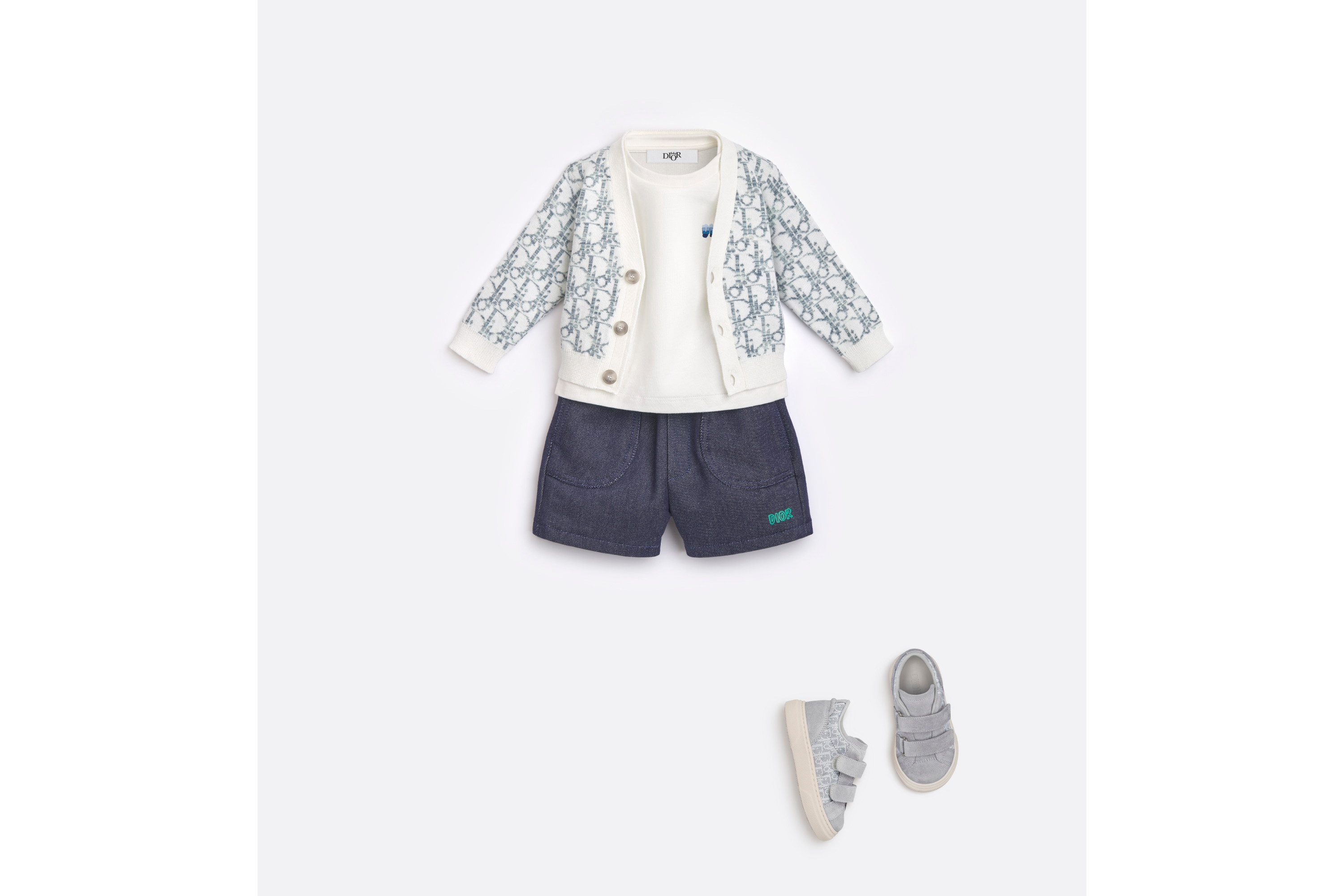 婴幼儿开衫 象牙色棉质针织面料绿色和蓝色 Oblique 印花 E08