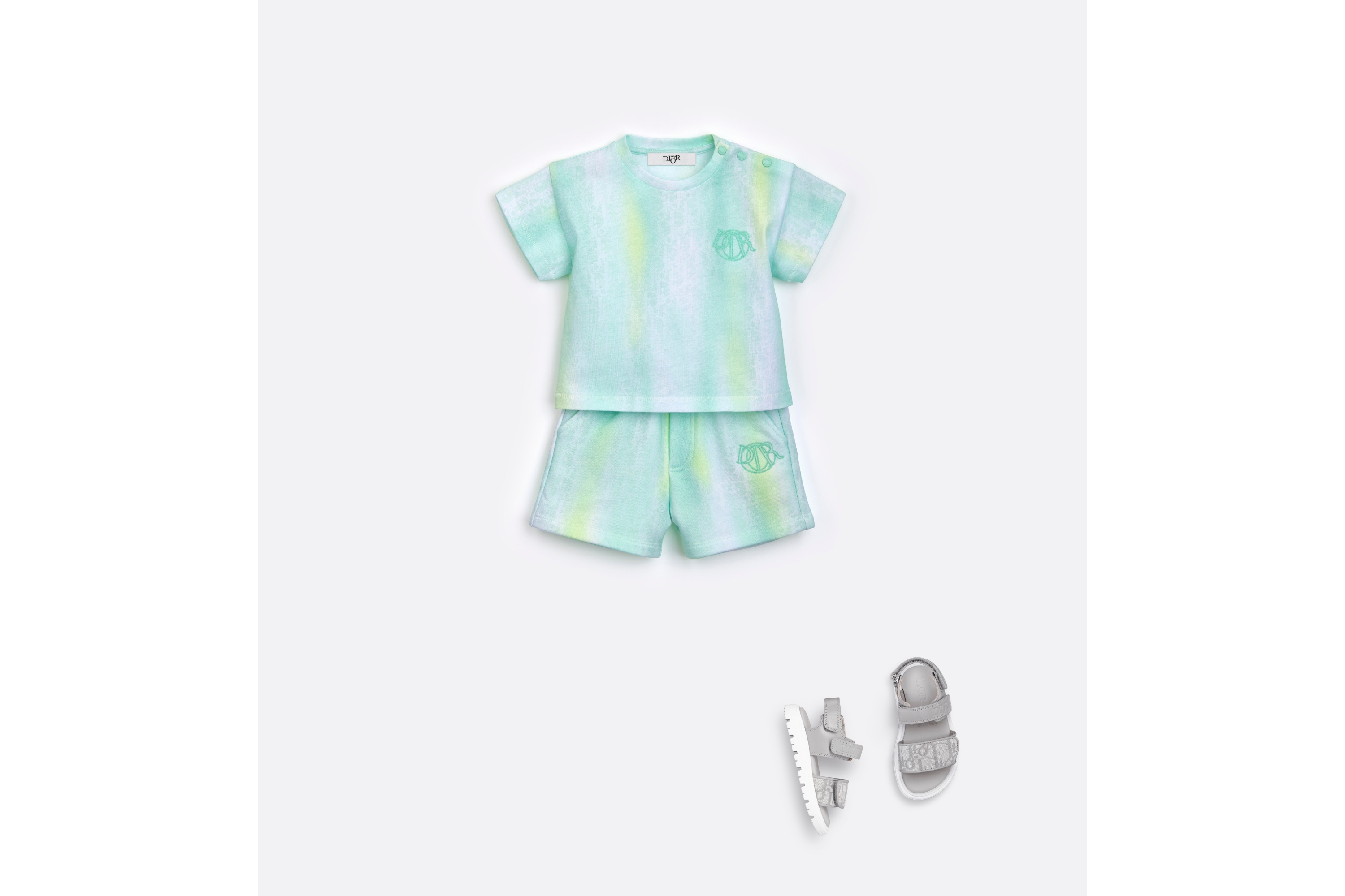 婴幼儿 T 恤 黄色和灰绿色棉质平纹针织面料渐变效果 Oblique 印花 E08