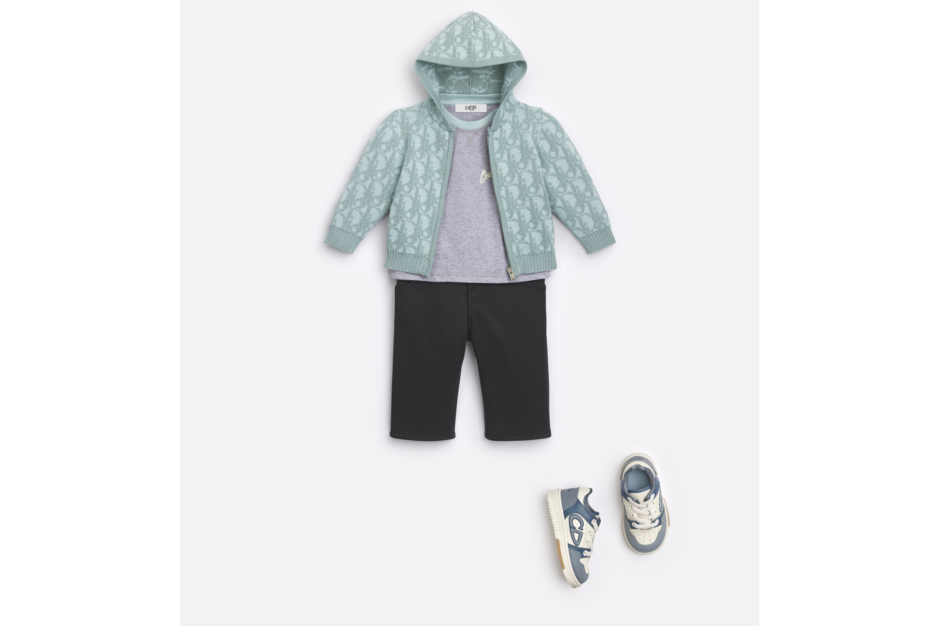 婴幼儿拉链连帽开衫 水蓝色棉质混纺针织面料搭配蓝色 Oblique 印花面料 E08