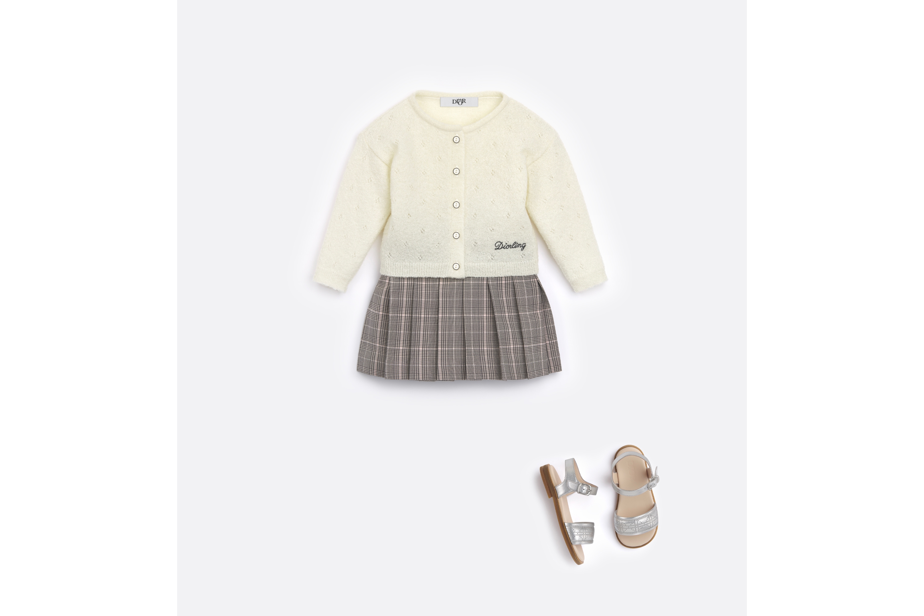 look_image_alt_prefix 婴幼儿百褶裙 灰色、粉色和银色调绵羊毛混纺面料威尔士亲王格纹图案 E08