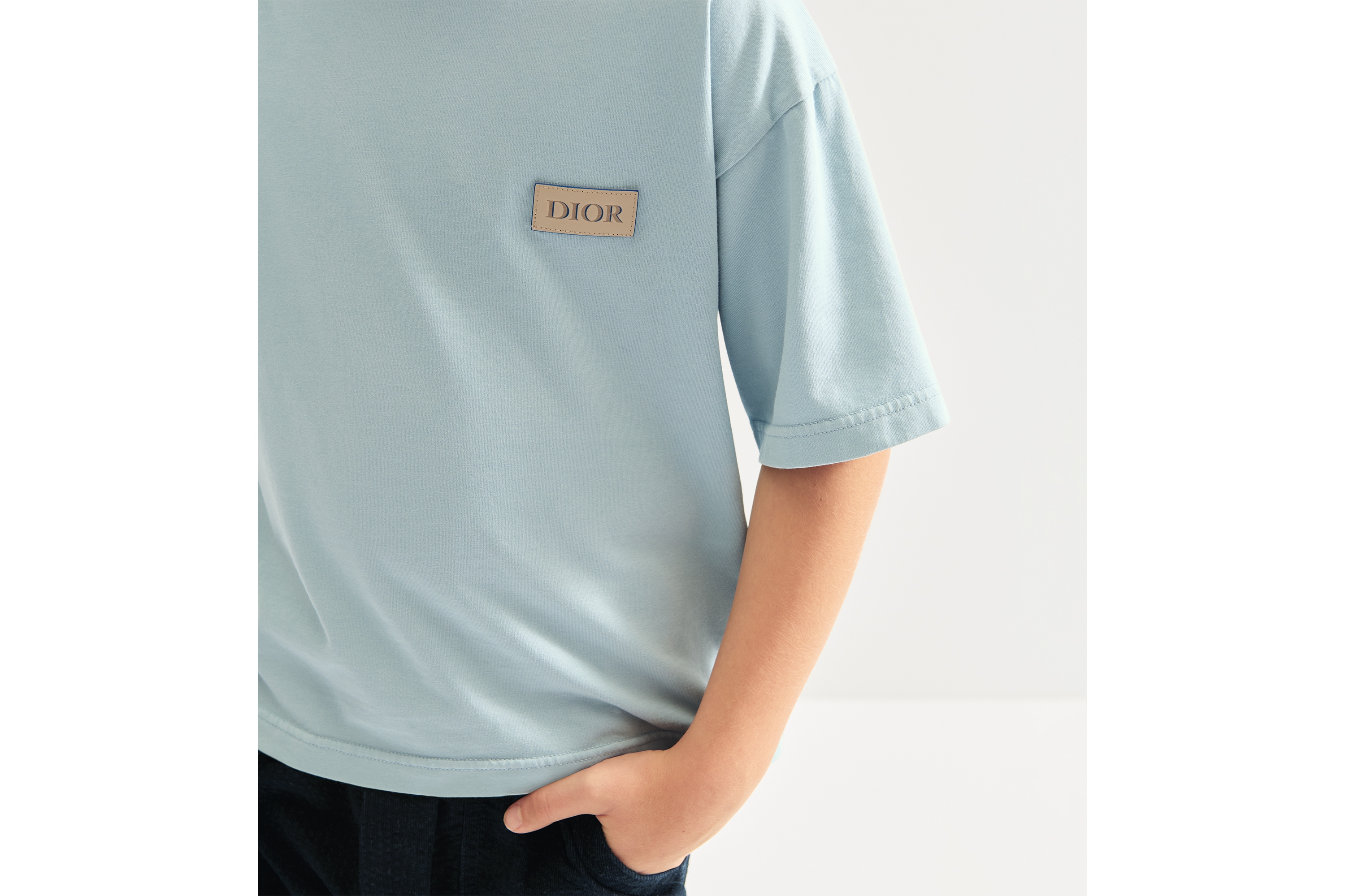 儿童 T 恤 石洗蓝色棉质混纺平纹针织面料 E09