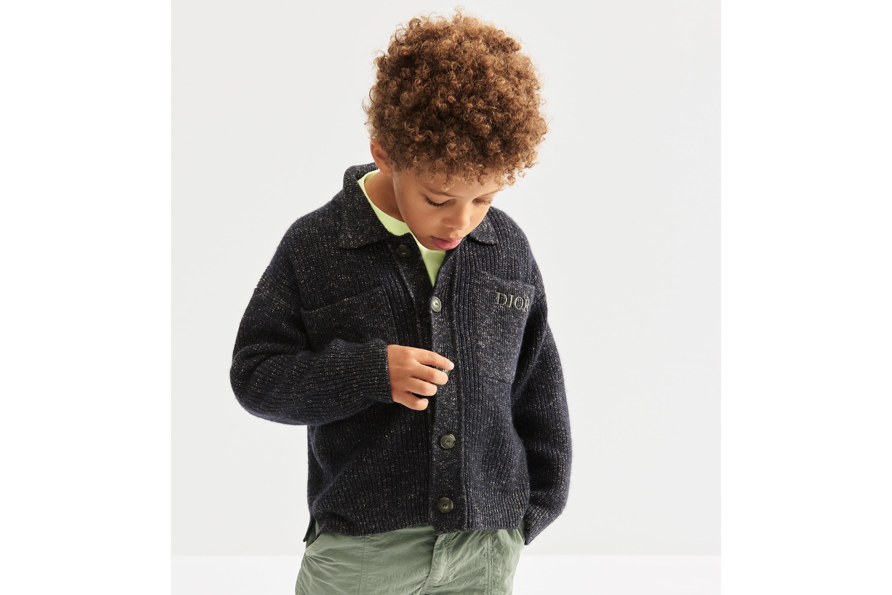 儿童开衫夹克 深蓝色和灰色绵羊毛混纺罗纹针织面料 E02