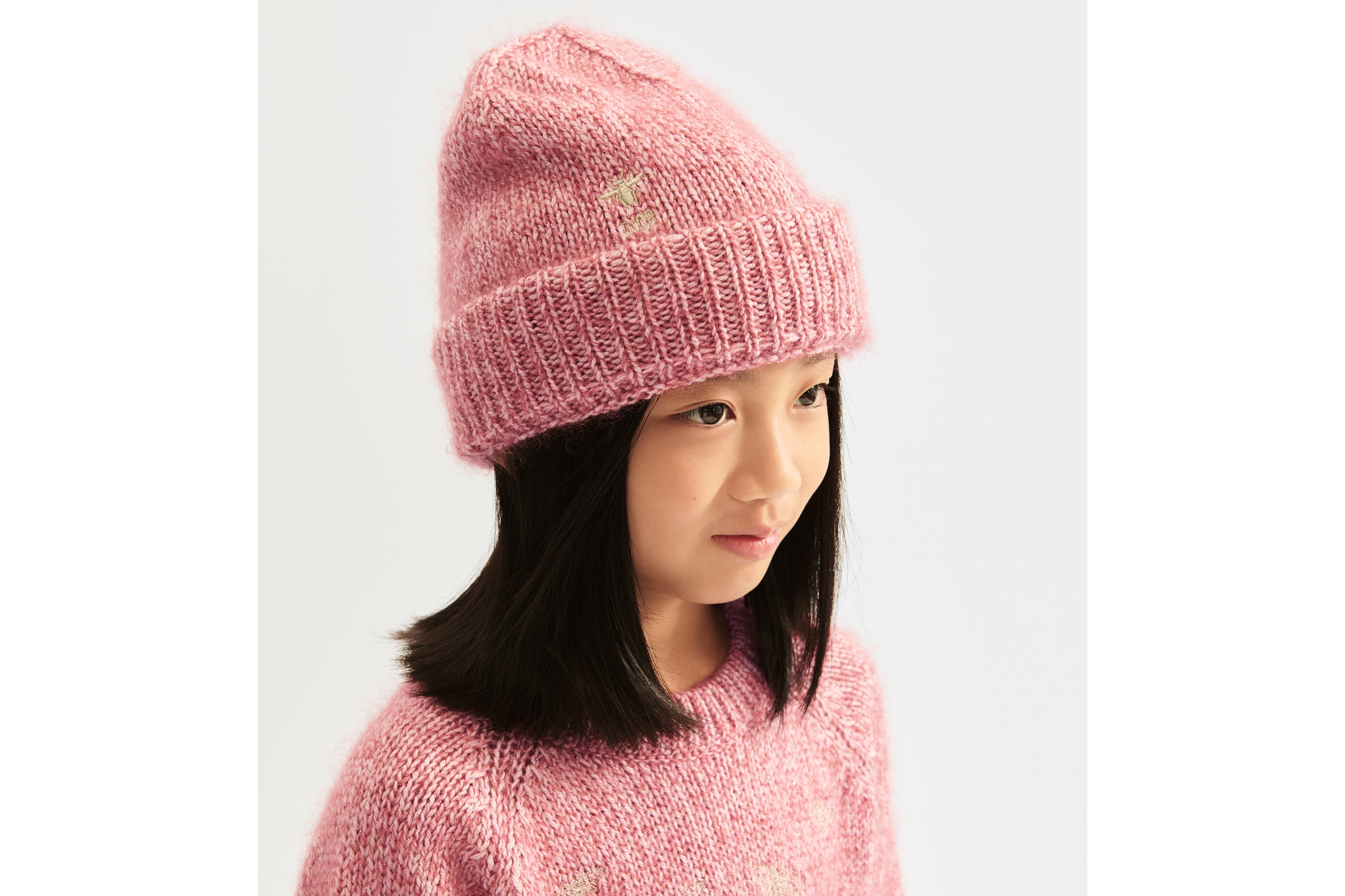 儿童针织帽 复古粉色和浅金色调绵羊毛混纺混色针织面料 E26